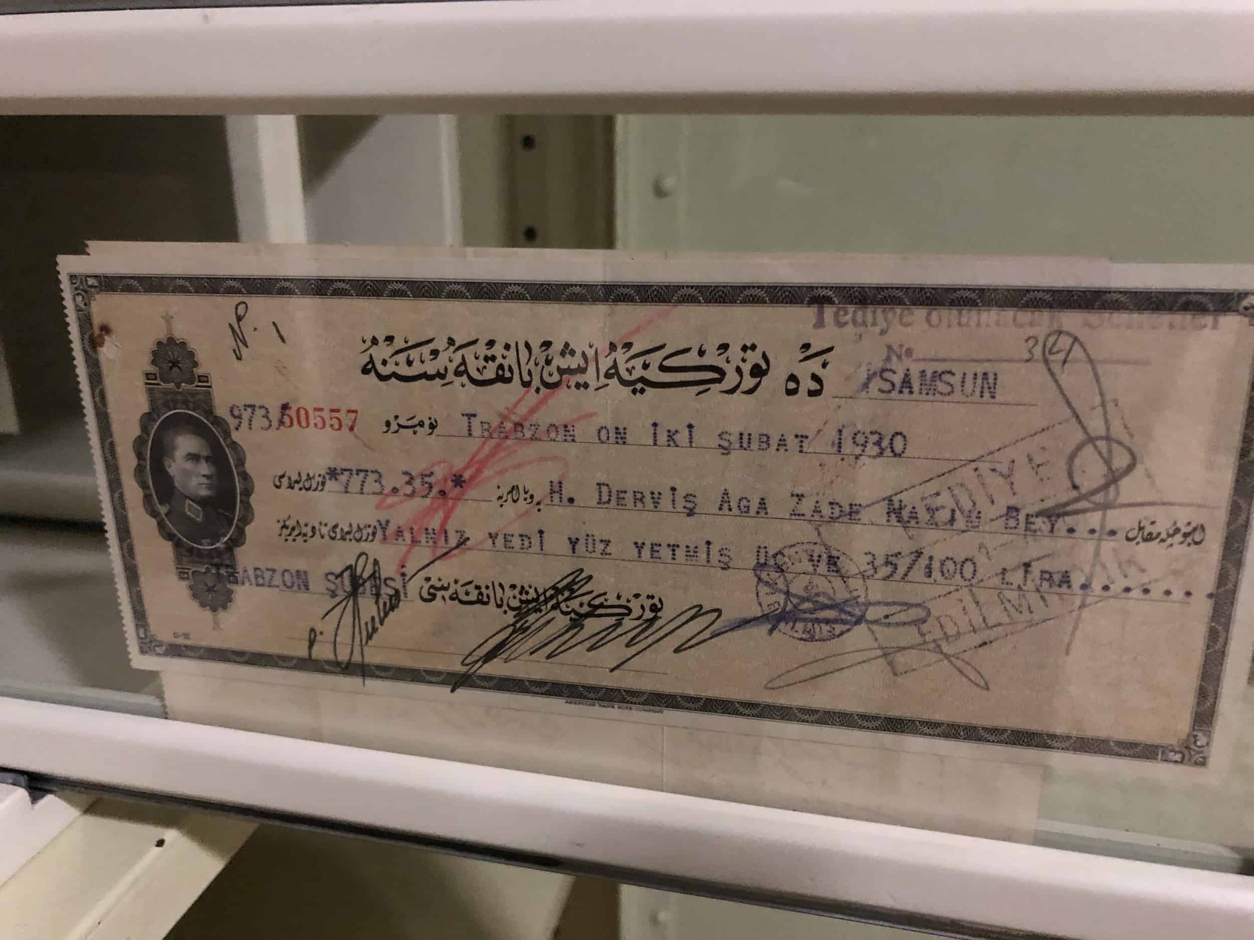 Cancelled check in modern Turkish at the İşbank Museum