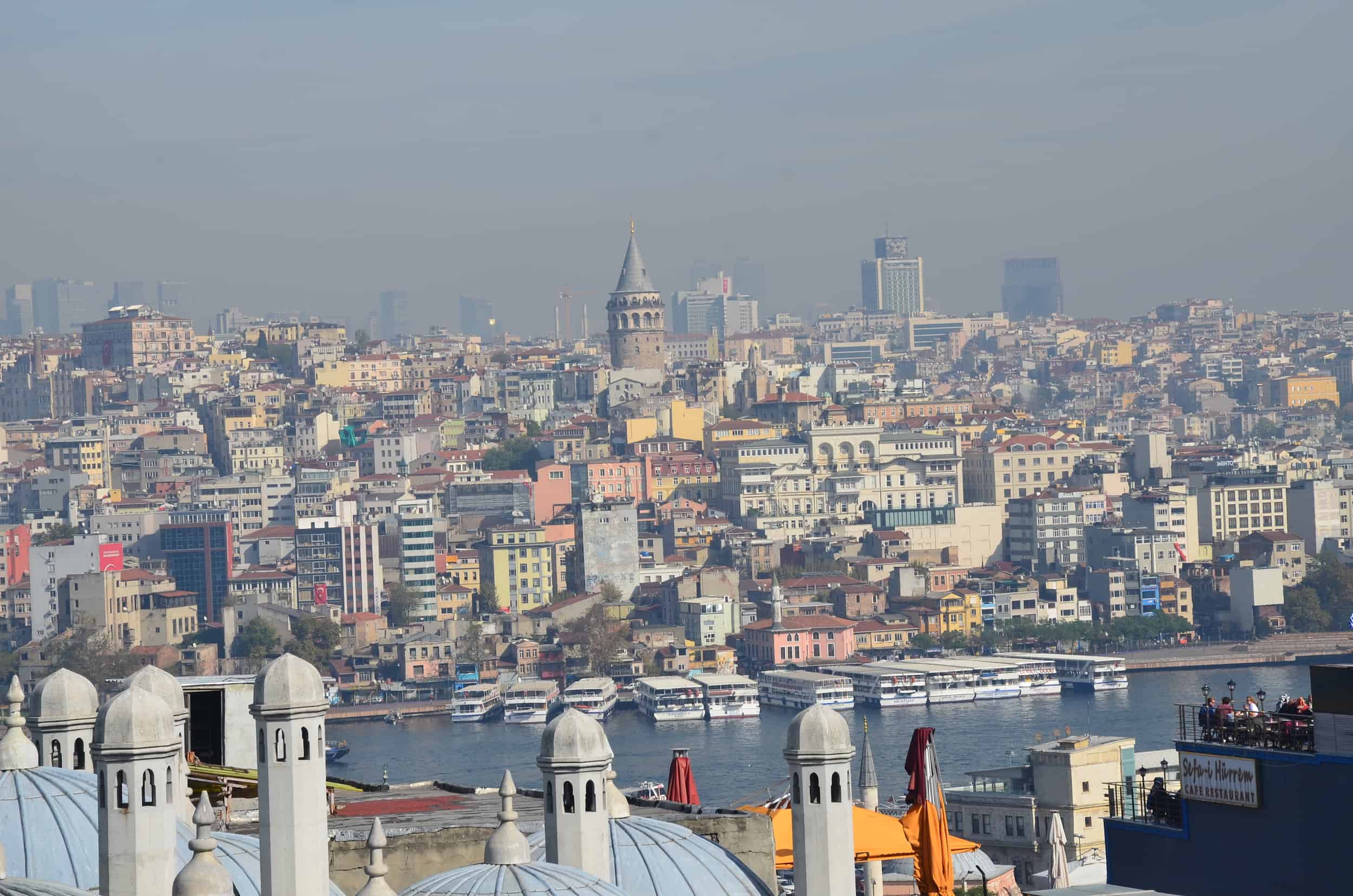 Looking towards the Galata Tower from the Süleymaniye Mosque in Istanbul, Turkey