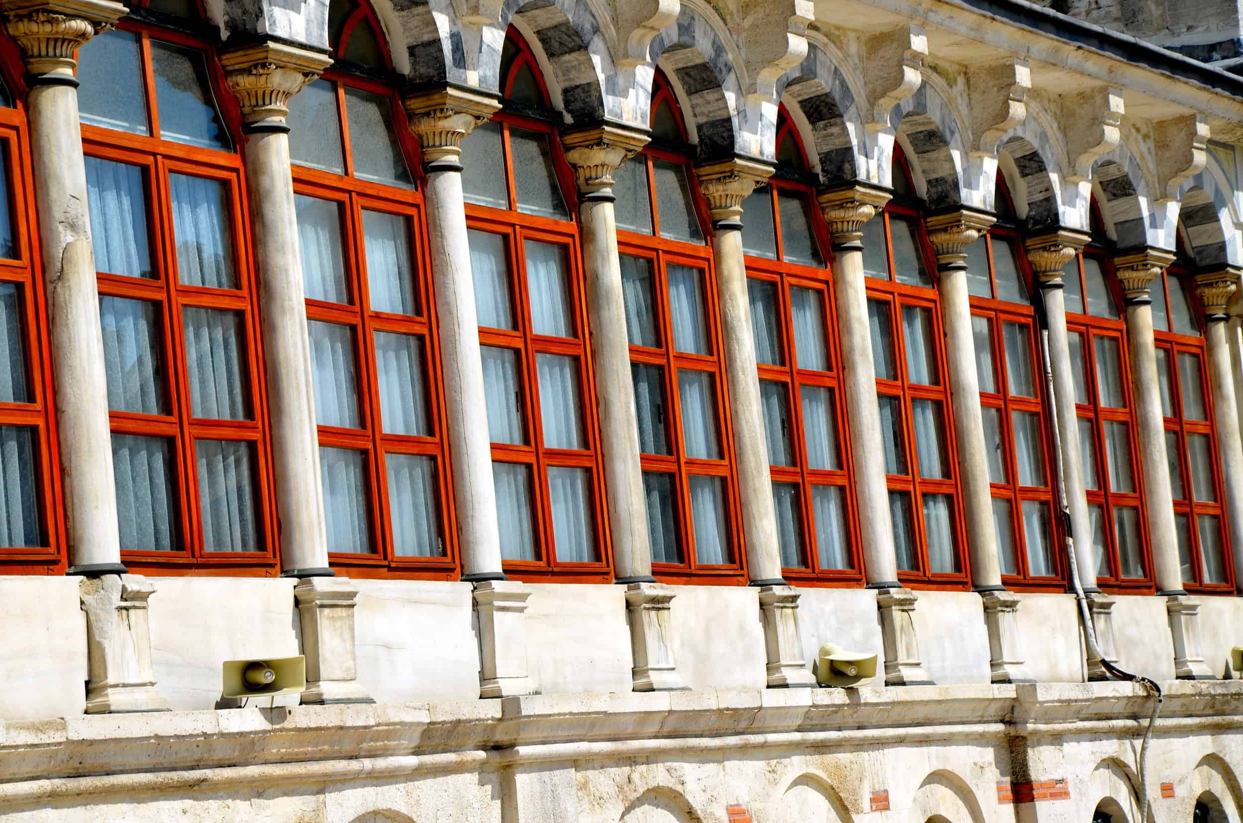 Windows and columns on the Laleli Mosque in Laleli, Istanbul, Turkey