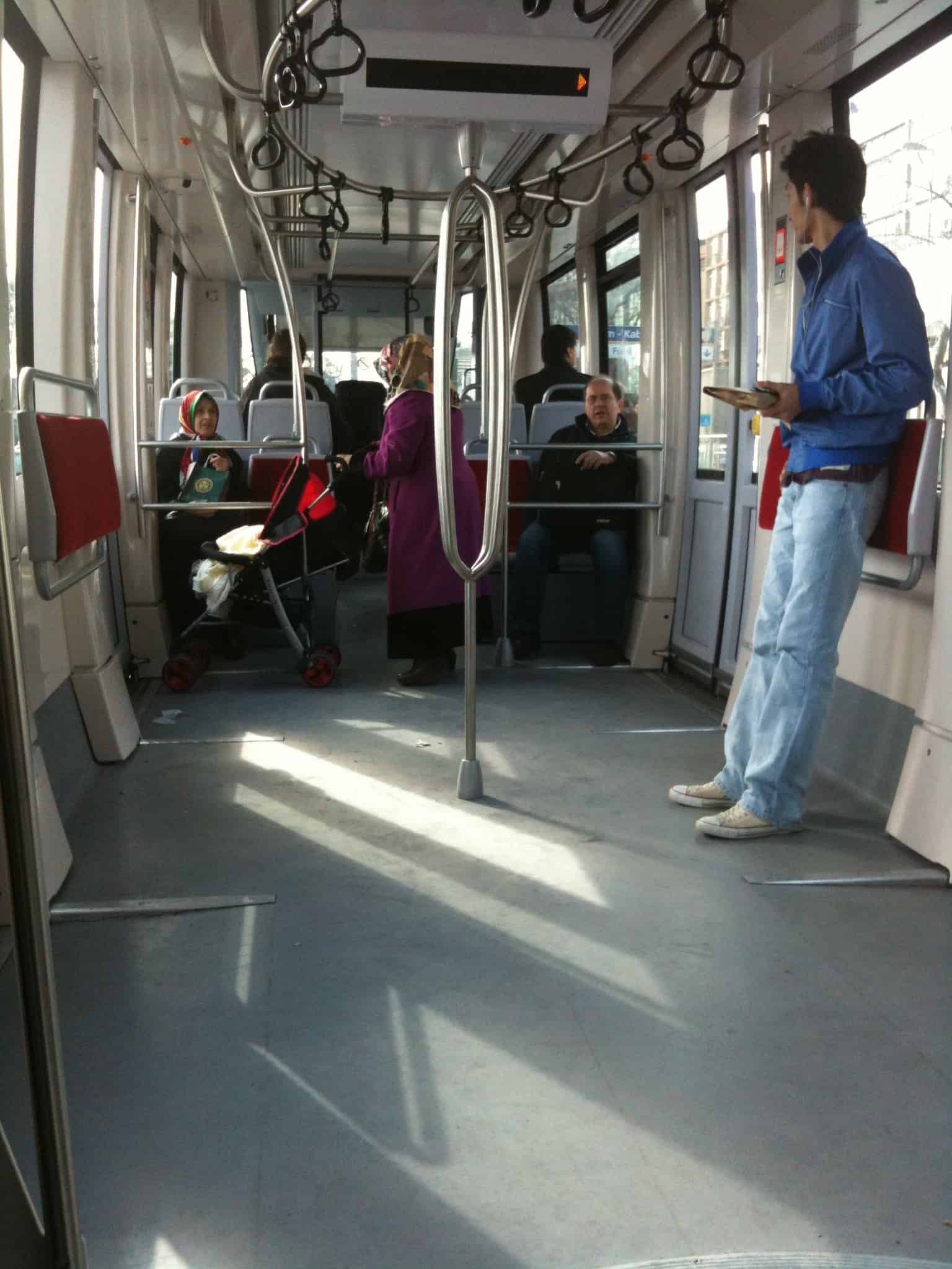 An empty T1 tram on the Istanbul public transportation system, Turkey