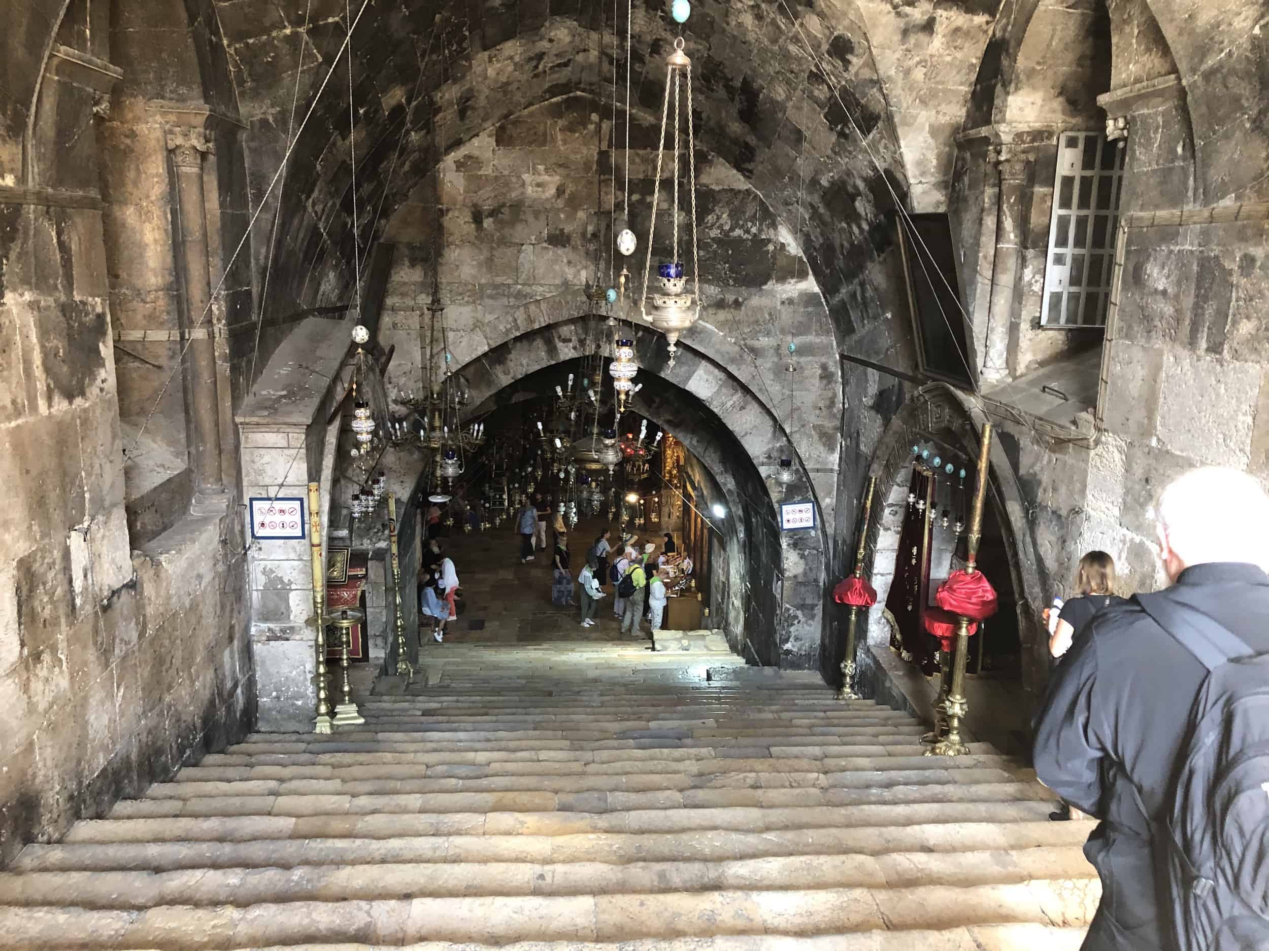 Looking down the stairs to the Tomb of the Virgin Mary at Gethsemane in Jerusalem
