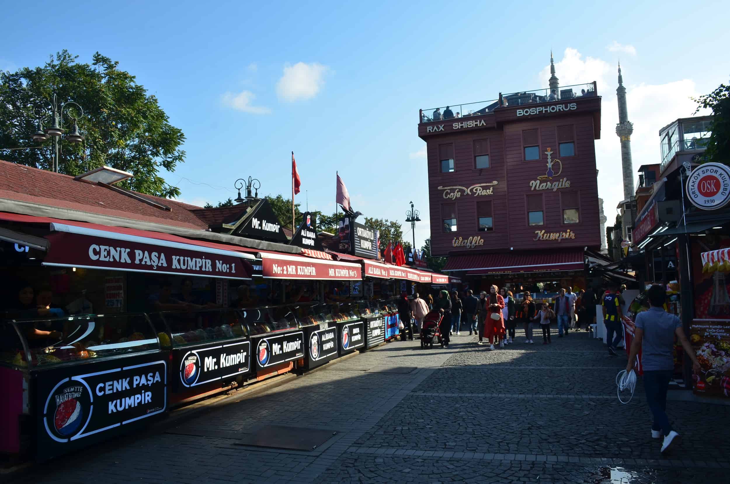 A row of kumpir stands in Ortaköy, Istanbul, Turkey