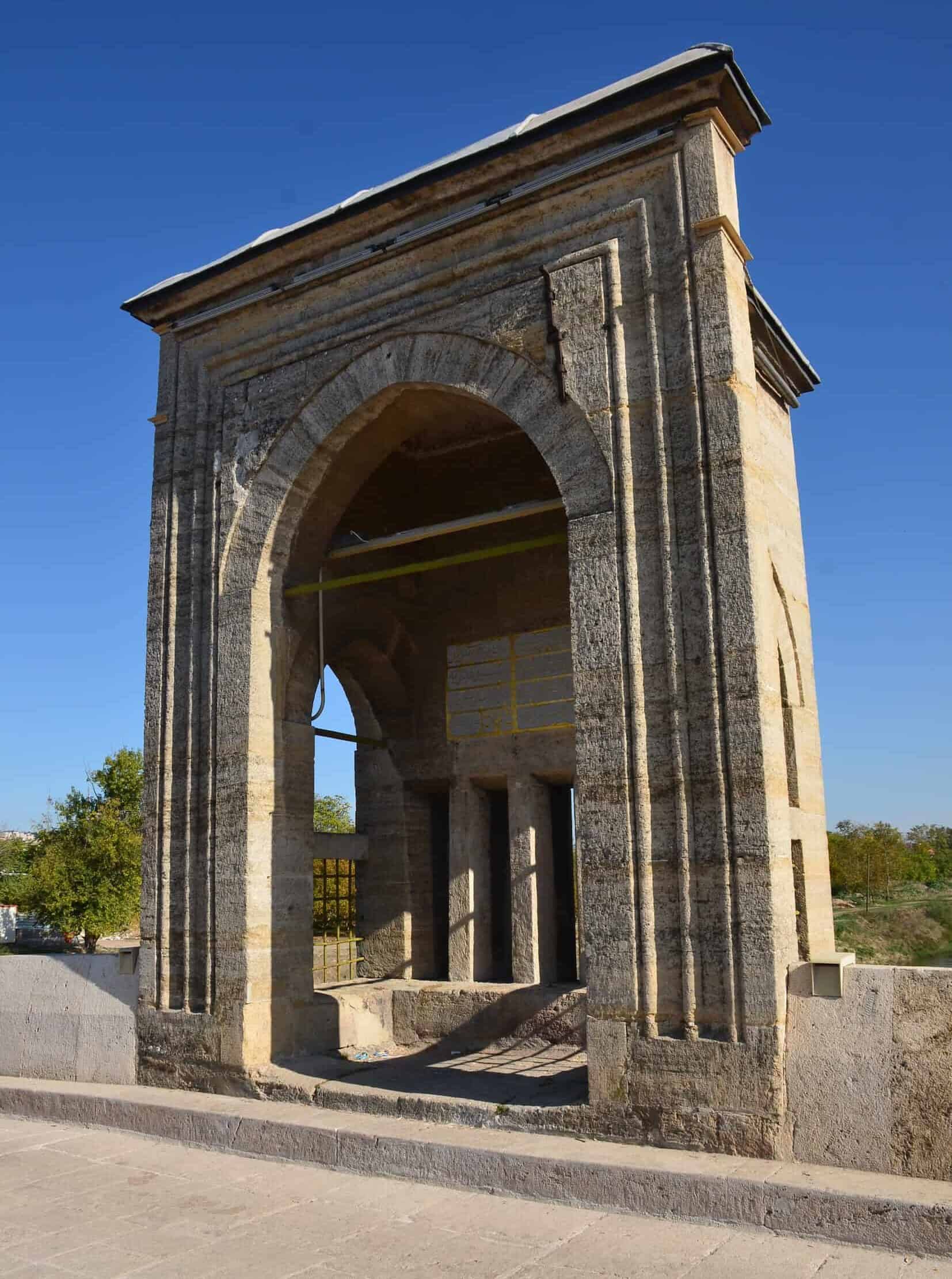 Tower on the Tundzha Bridge outside the city center of Edirne, Turkey