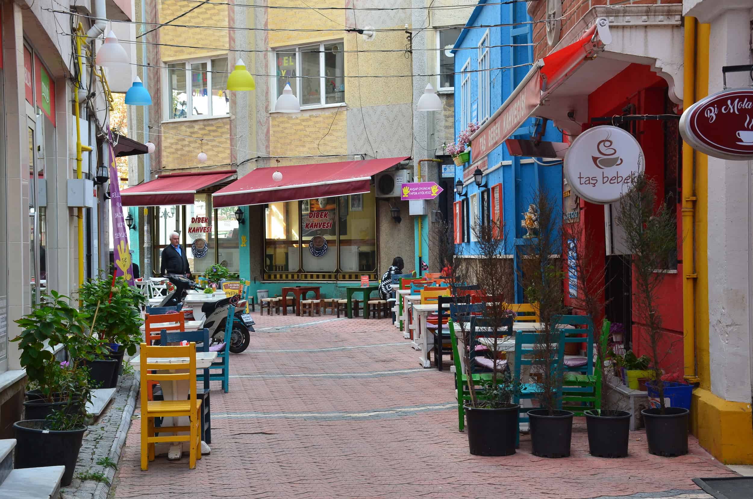 Colorful street with outdoor cafés in Kırklareli, Turkey