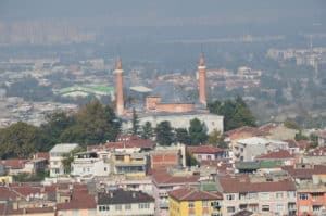 View of the Bayezid I Mosque from the Emir Sultan Mosque in Bursa, Turkey