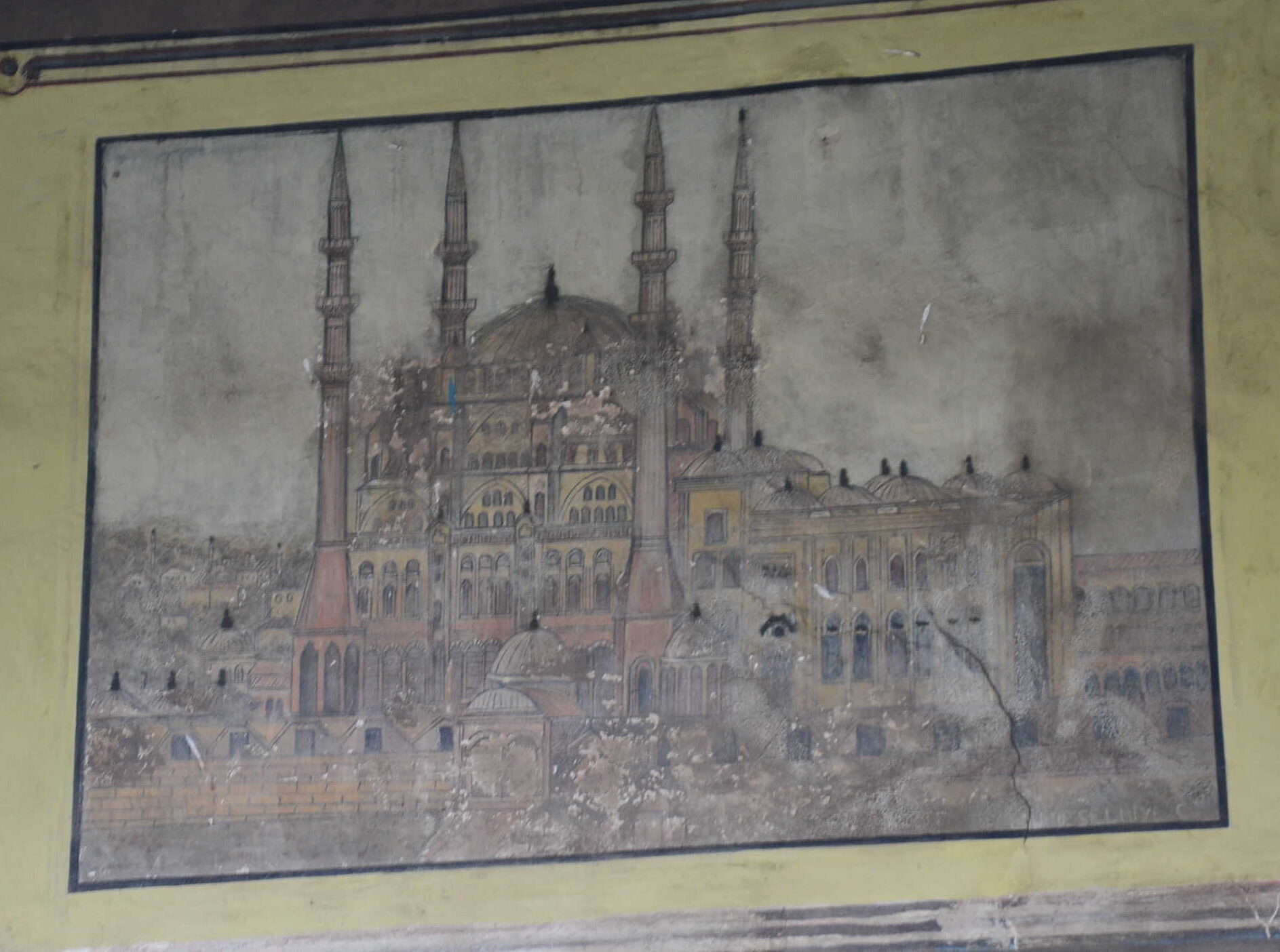 Fresco of the Selimiye Mosque on the Cumalıkızık Mosque in Cumalıkızık, Bursa, Turkey