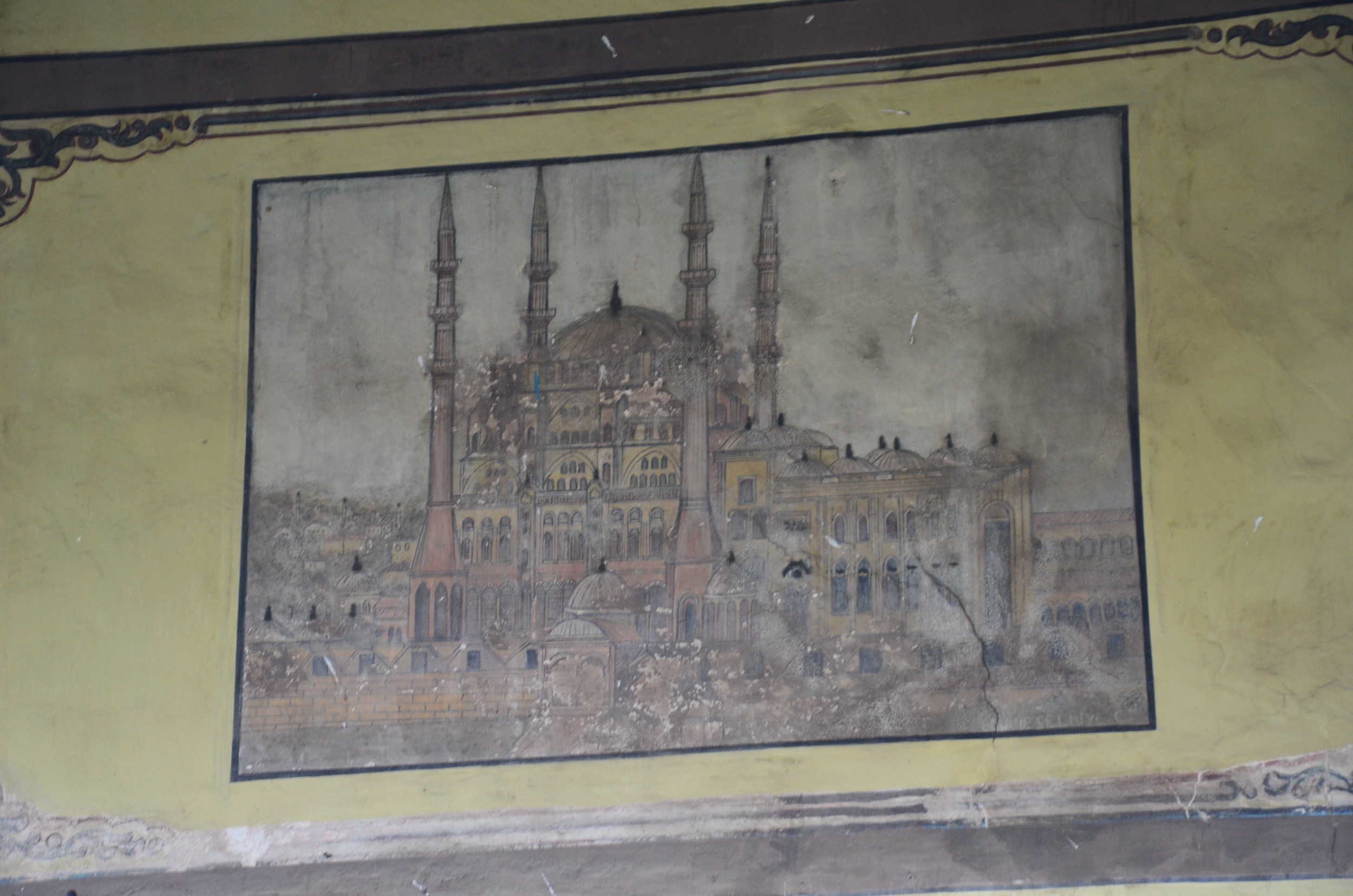 Fresco of the Selimiye Mosque on the Cumalıkızık Mosque in Cumalıkızık, Bursa, Turkey