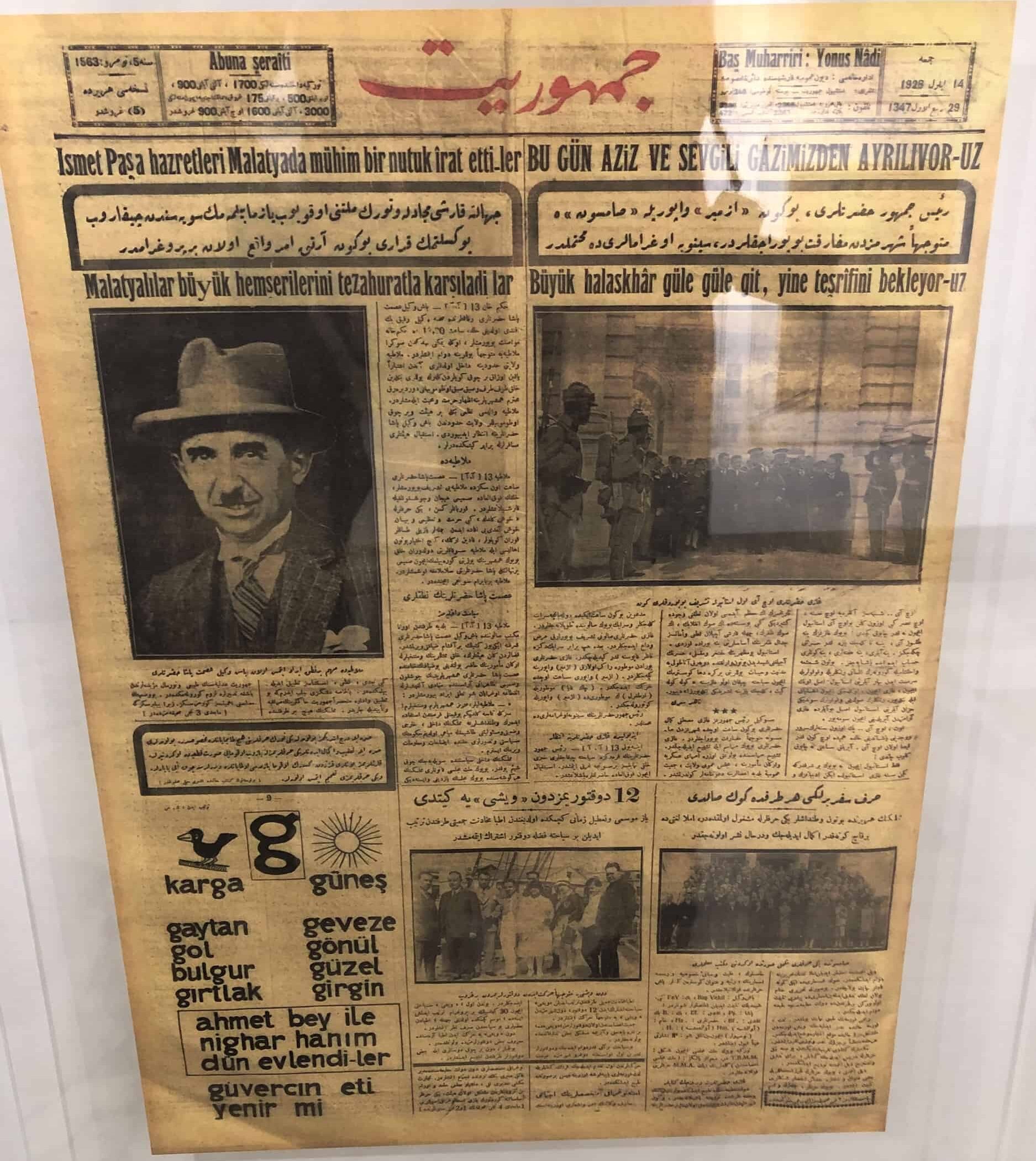 A 1928 newspaper with Atatürk's alphabet reform at the Anadolu University Republic History Museum in Eskişehir, Turkey