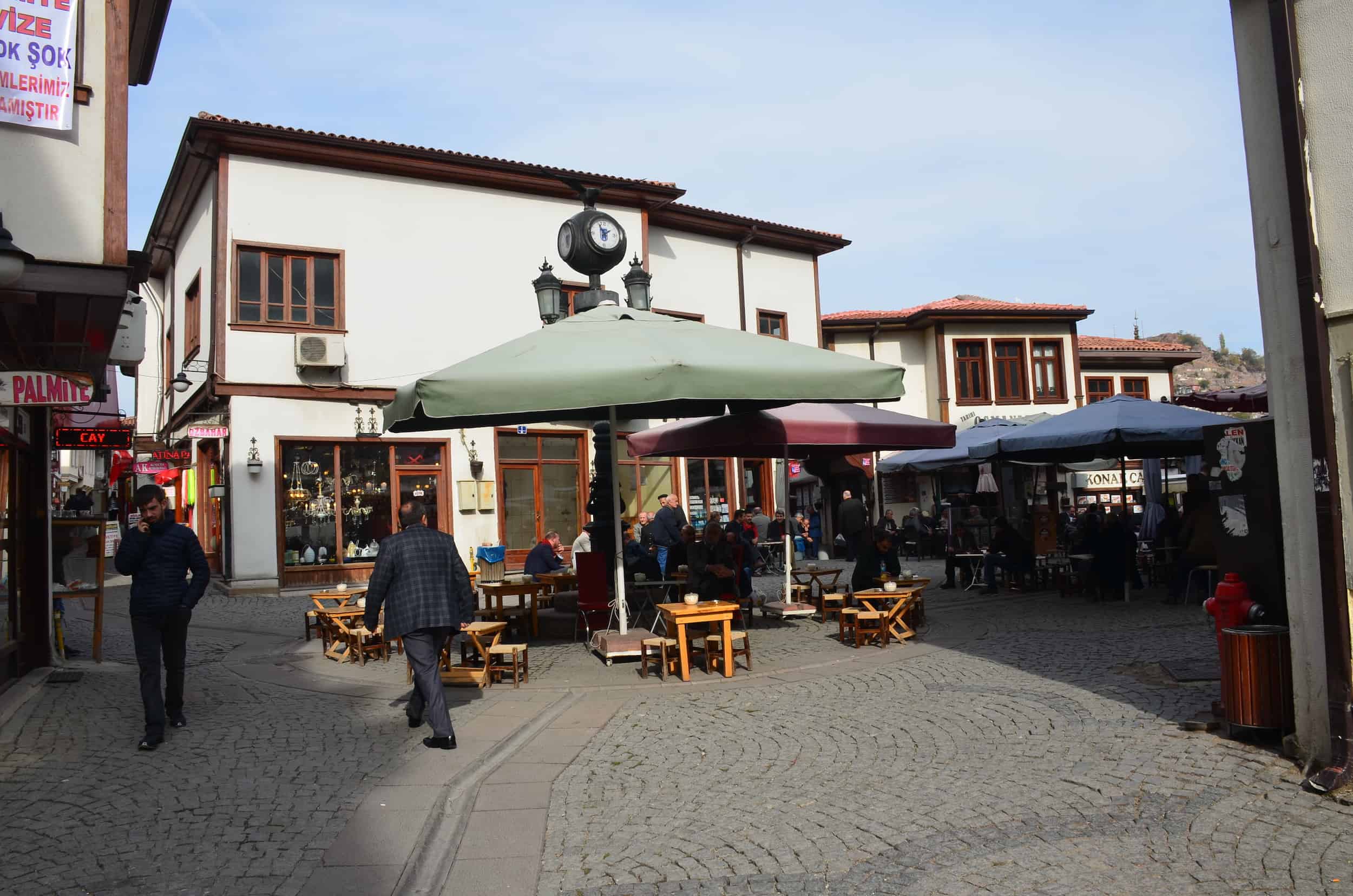 A small square with outdoor cafés in Hacıbayram, Ulus, Ankara, Turkey