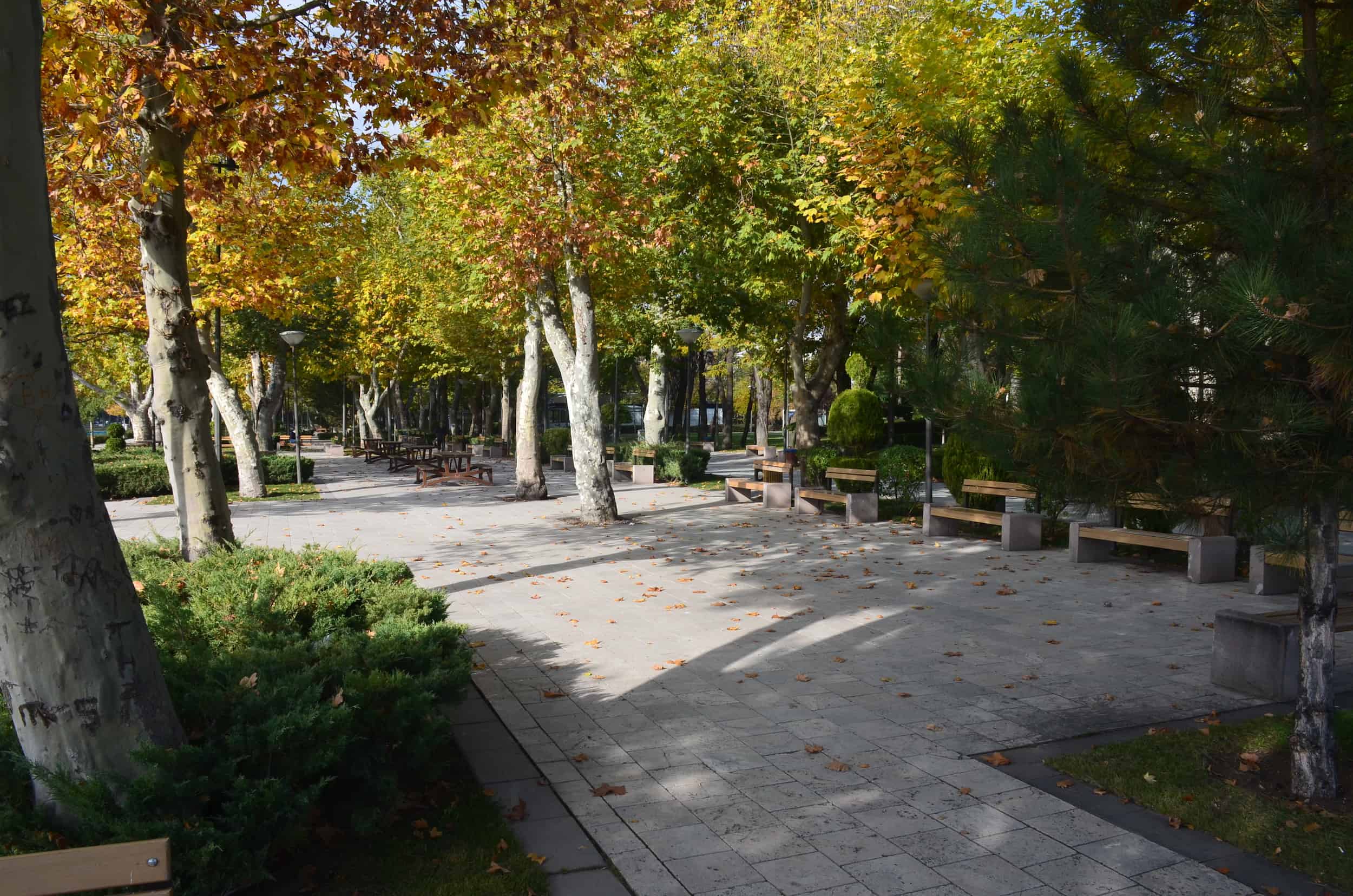 Shaded path with benches and picnic tables at Gençlik Park in Ankara, Turkey