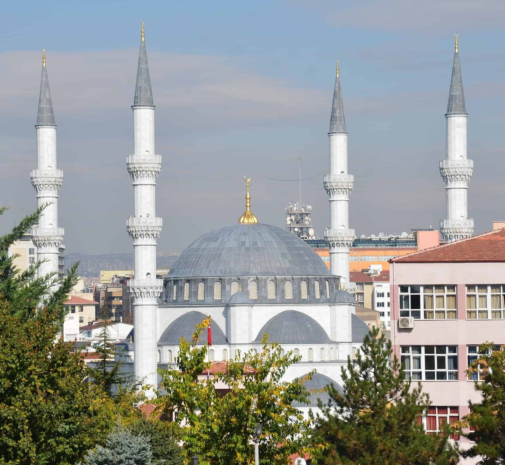 Dome and minarets of the Melike Hatun Mosque in Ankara, Turkey