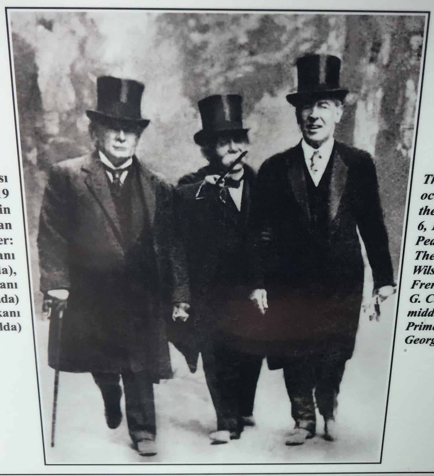 Photo of Lloyd George (left), Georges Clemenceau (center), and Woodrow Wilson (right) at the Paris Peace Conference on May 6, 1919 at the Atatürk and War of Independence Museum at Anıtkabir in Ankara, Turkey