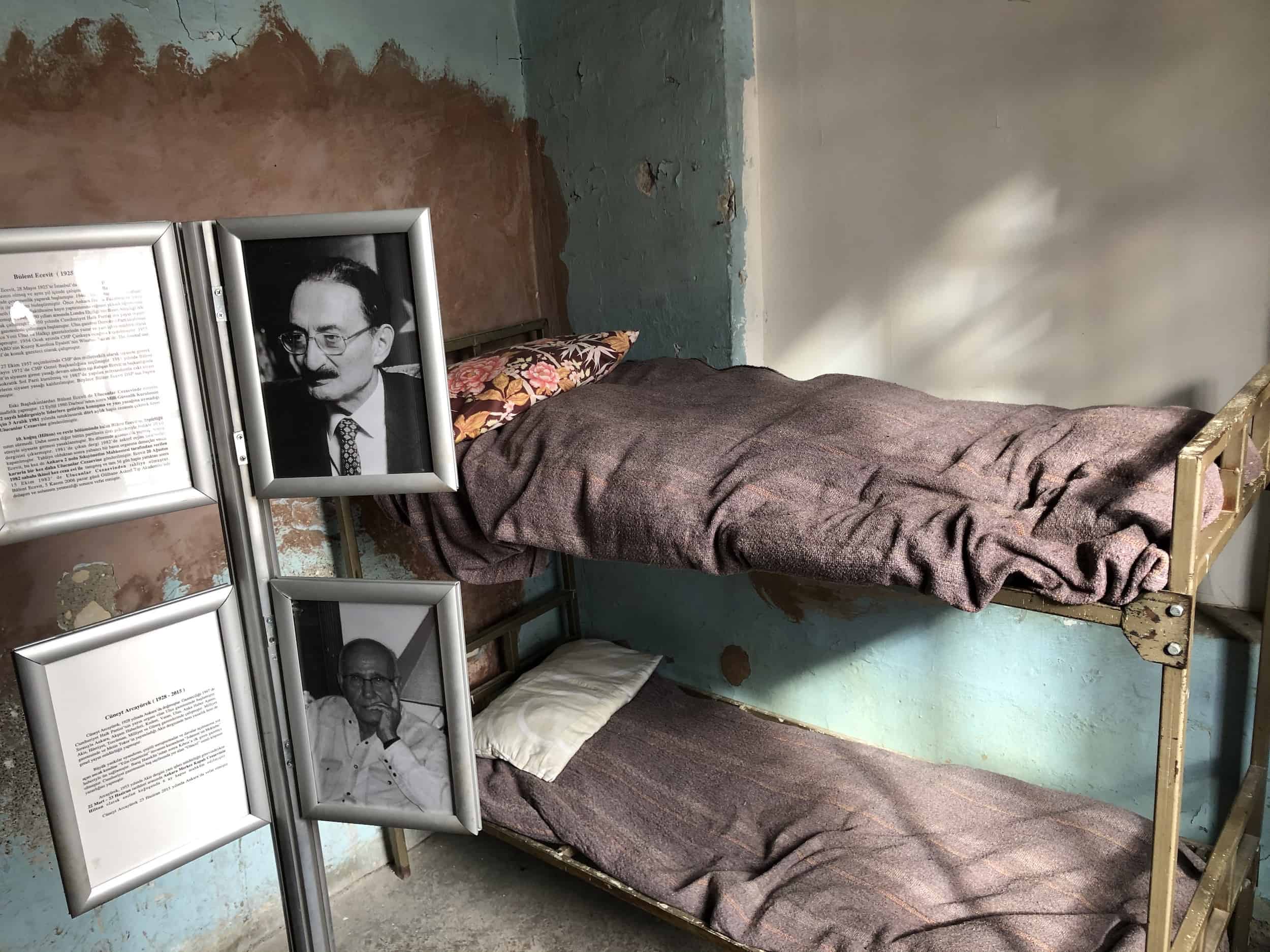 Bunk beds with profiles of political prisoners who stayed at the Hilton at Ulucanlar Prison in Ankara, Turkey