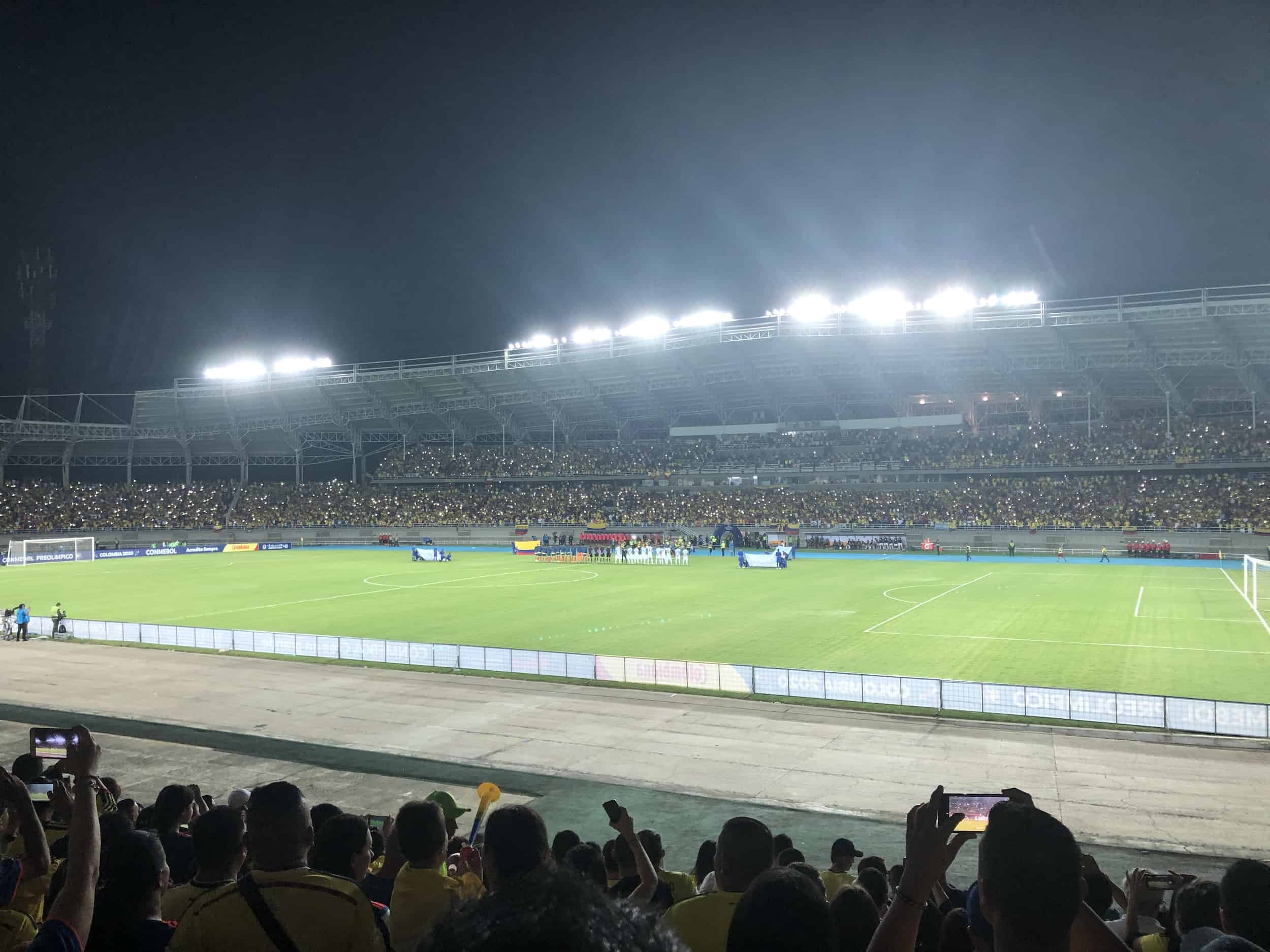Colombia and Argentina lining up for the national anthems at the 2020 CONMEBOL Pre-Olympic Tournament in Pereira, Colombia