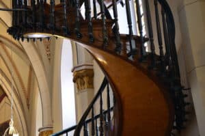 Detail on the spiral staircase at the Loretto Chapel in Santa Fe, New Mexico