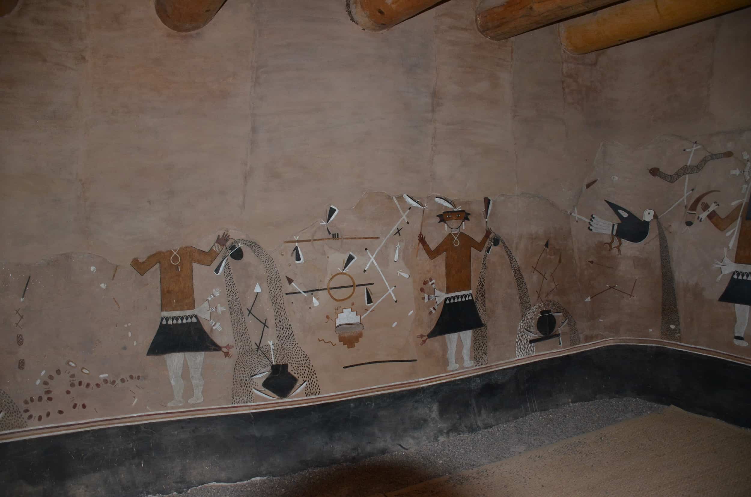 Restored murals inside the Painted Kiva at Coronado Historic Site in Bernalillo, New Mexico