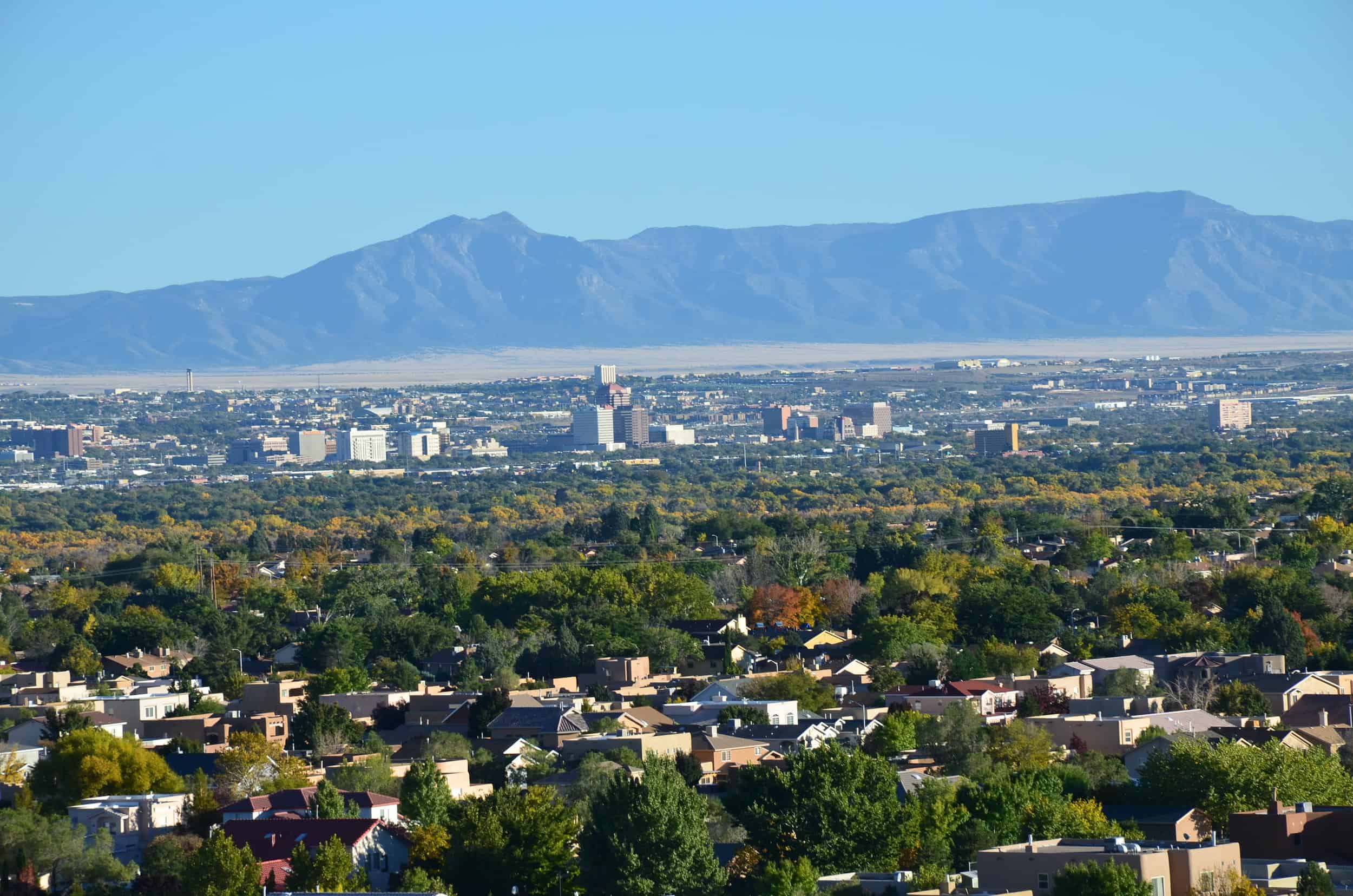 View of Albuquerque along the Mesa Point Trail at Boca Negra Canyon, Petroglyph National Monument in Albuquerque, New Mexico