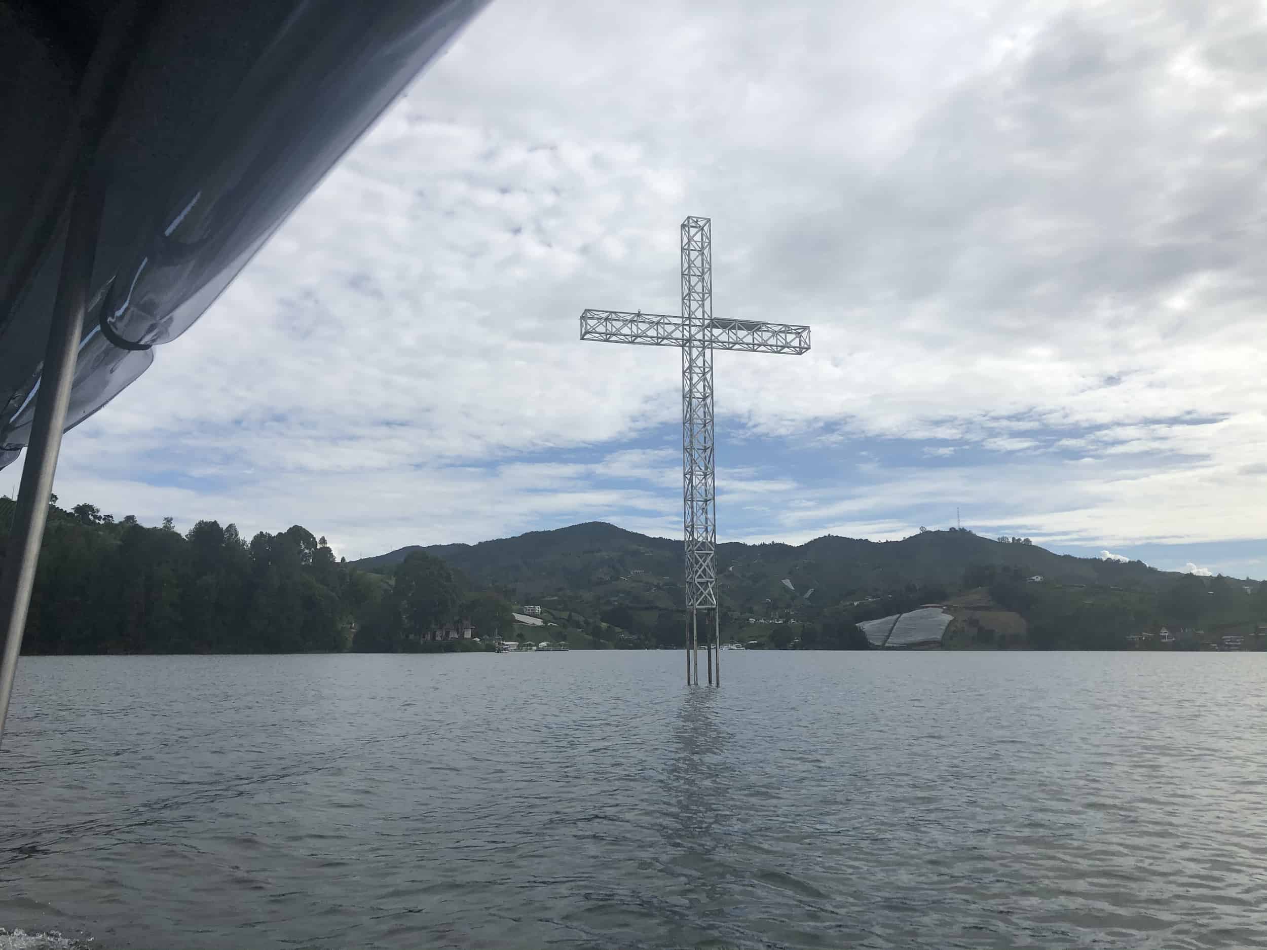 Cross marking the location of the church of El Peñol in Guatapé, Antioquia, Colombia
