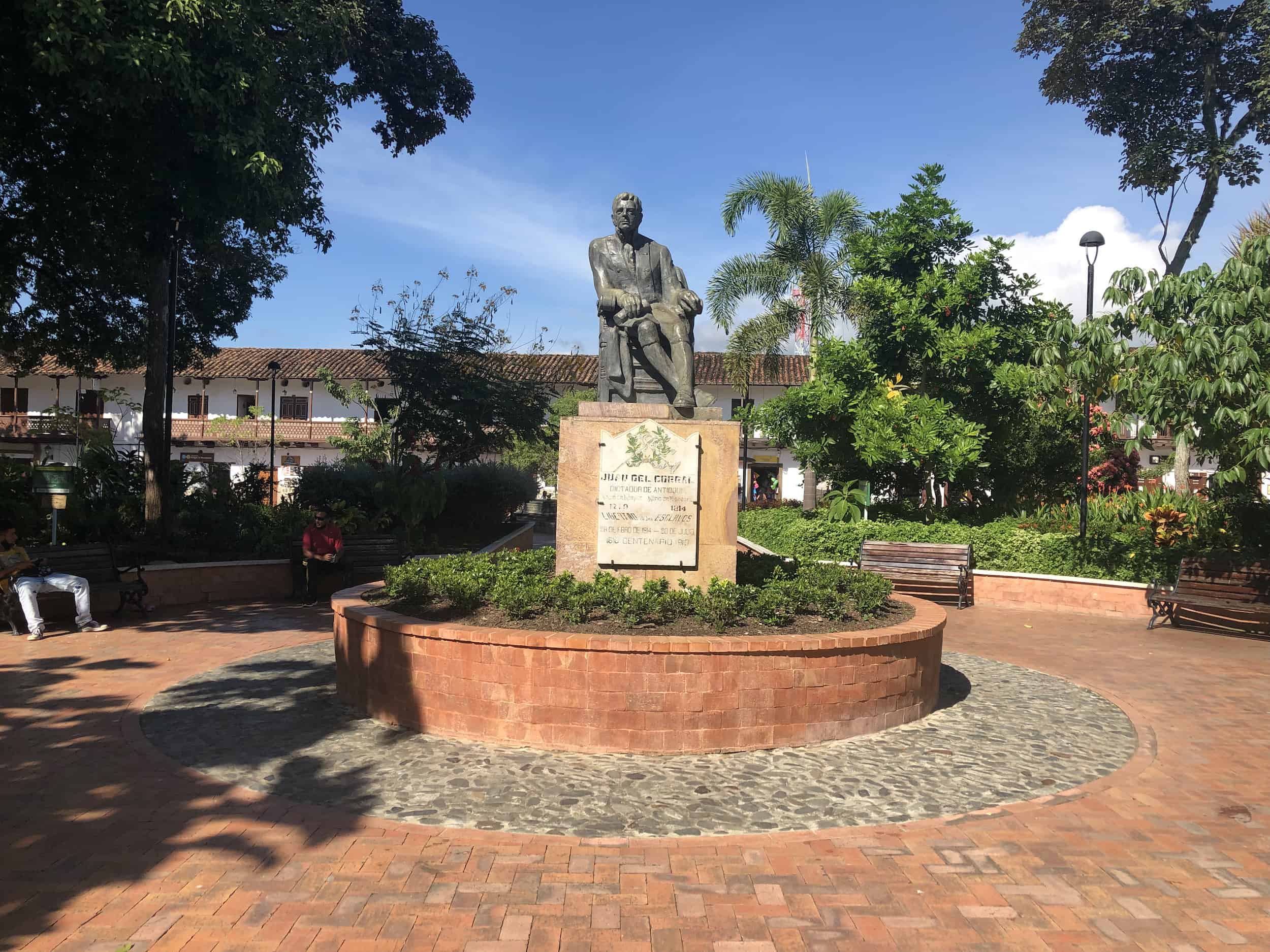 Statue of Juan del Corral at Plaza Mayor Simón Bolívar in Santa Fe de Antioquia, Colombia