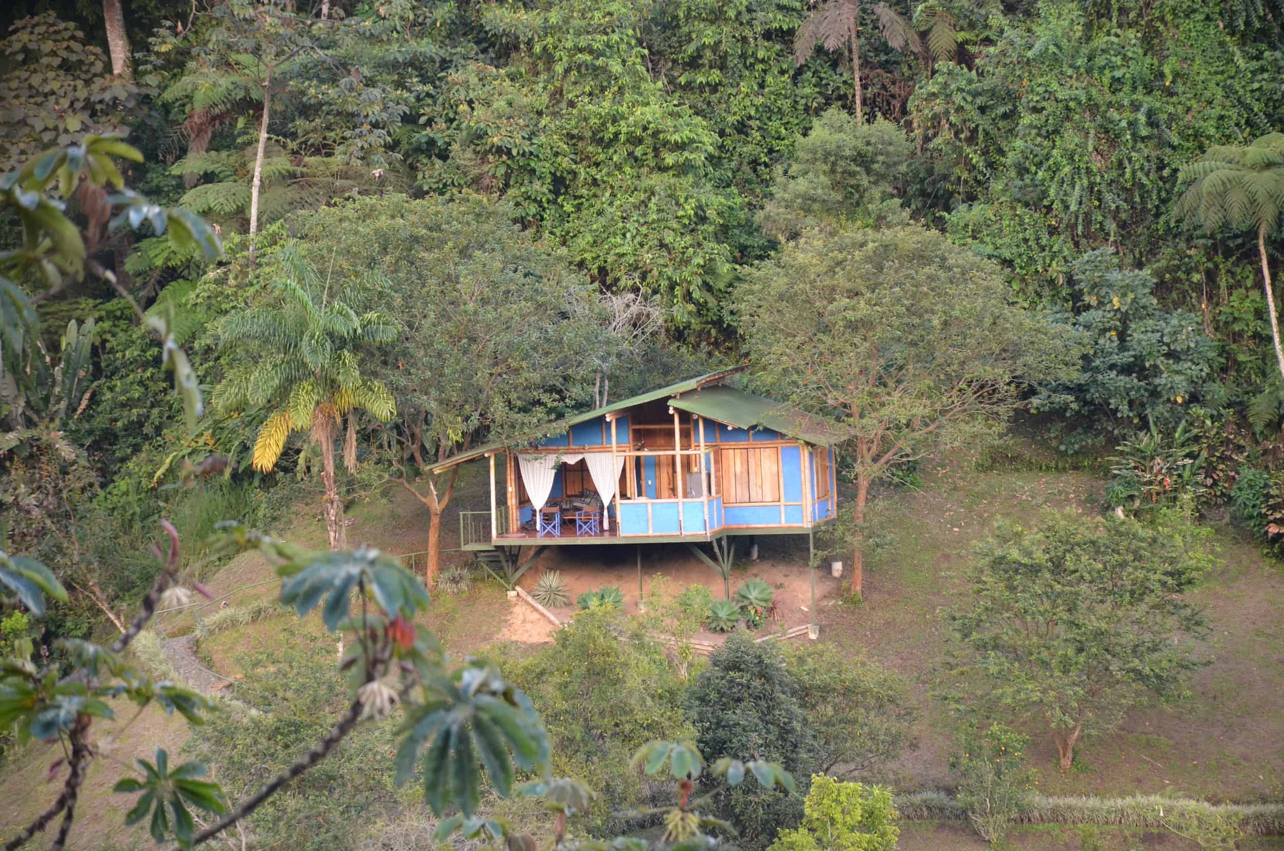 Looking at the blue cabin from across the hill at Soñarte in Córdoba, Quindío, Colombia
