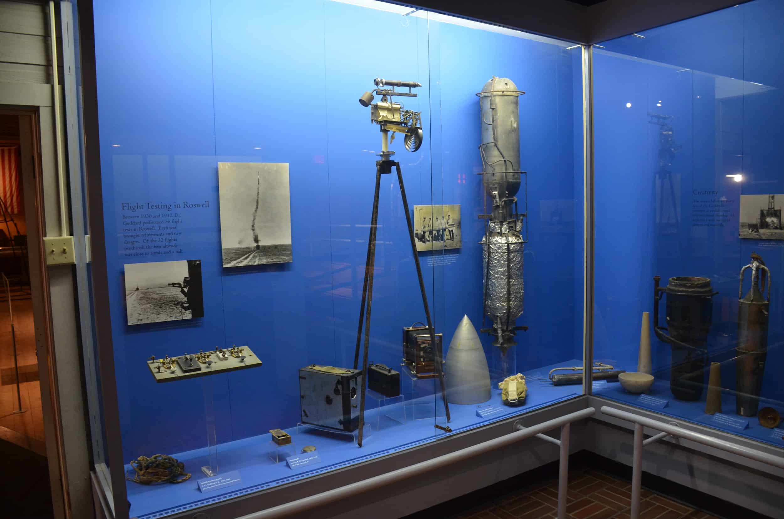Artifacts and photos from Goddard's test flights in Robert H. Goddard: The Father of Modern Rocketry at the Roswell Museum and Arts Center in Roswell, New Mexico