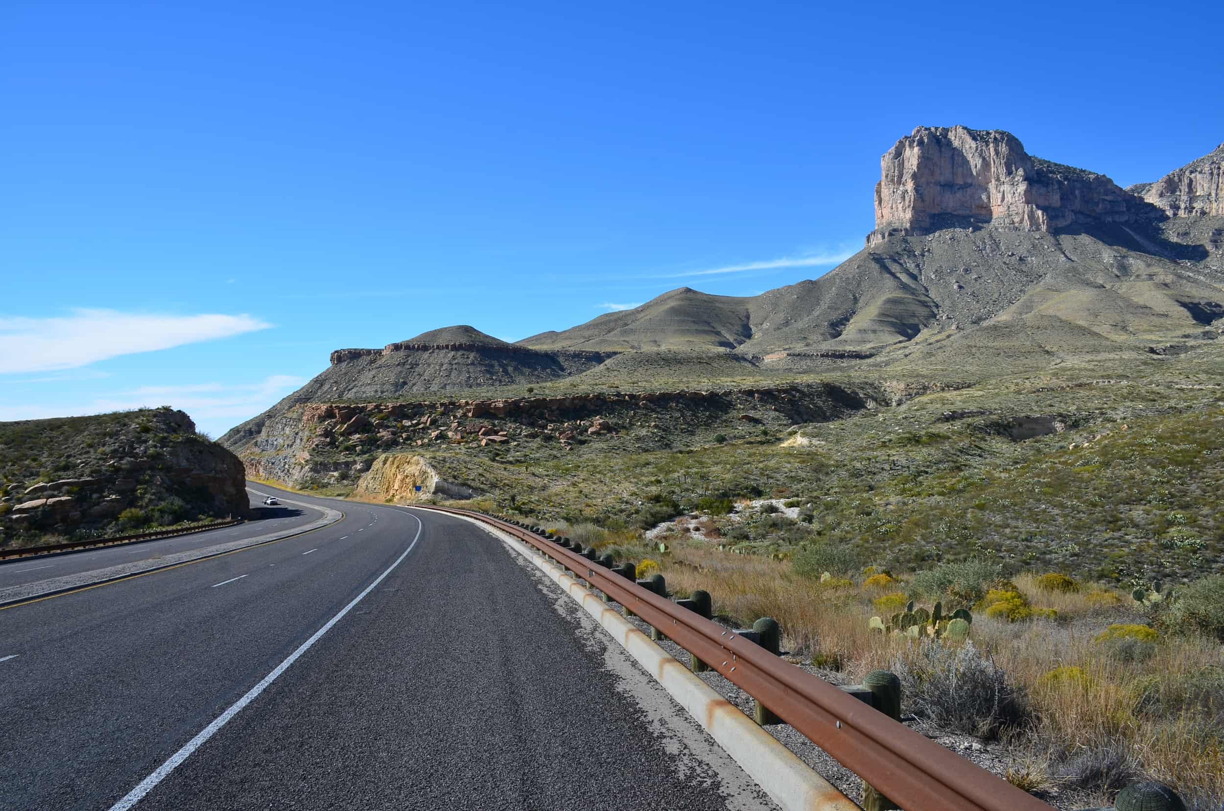 Driving along US 62 near Guadalupe Mountains National Park in Texas