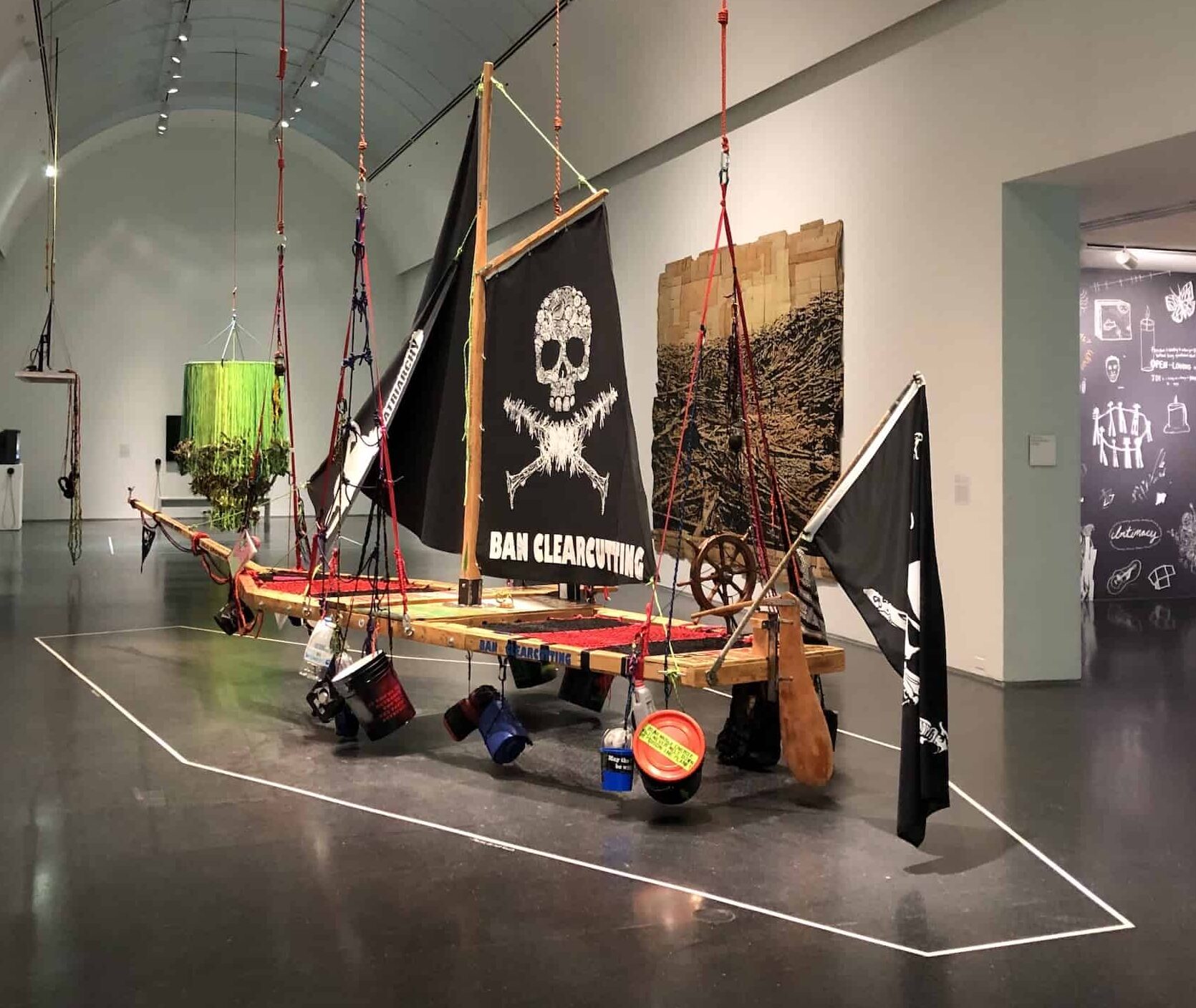 Radical Feminist Pirate Ship Tree Sitting Platform (2013) in the Andrea Bowers exhibition at the Museum of Contemporary Art in Chicago, Illinois
