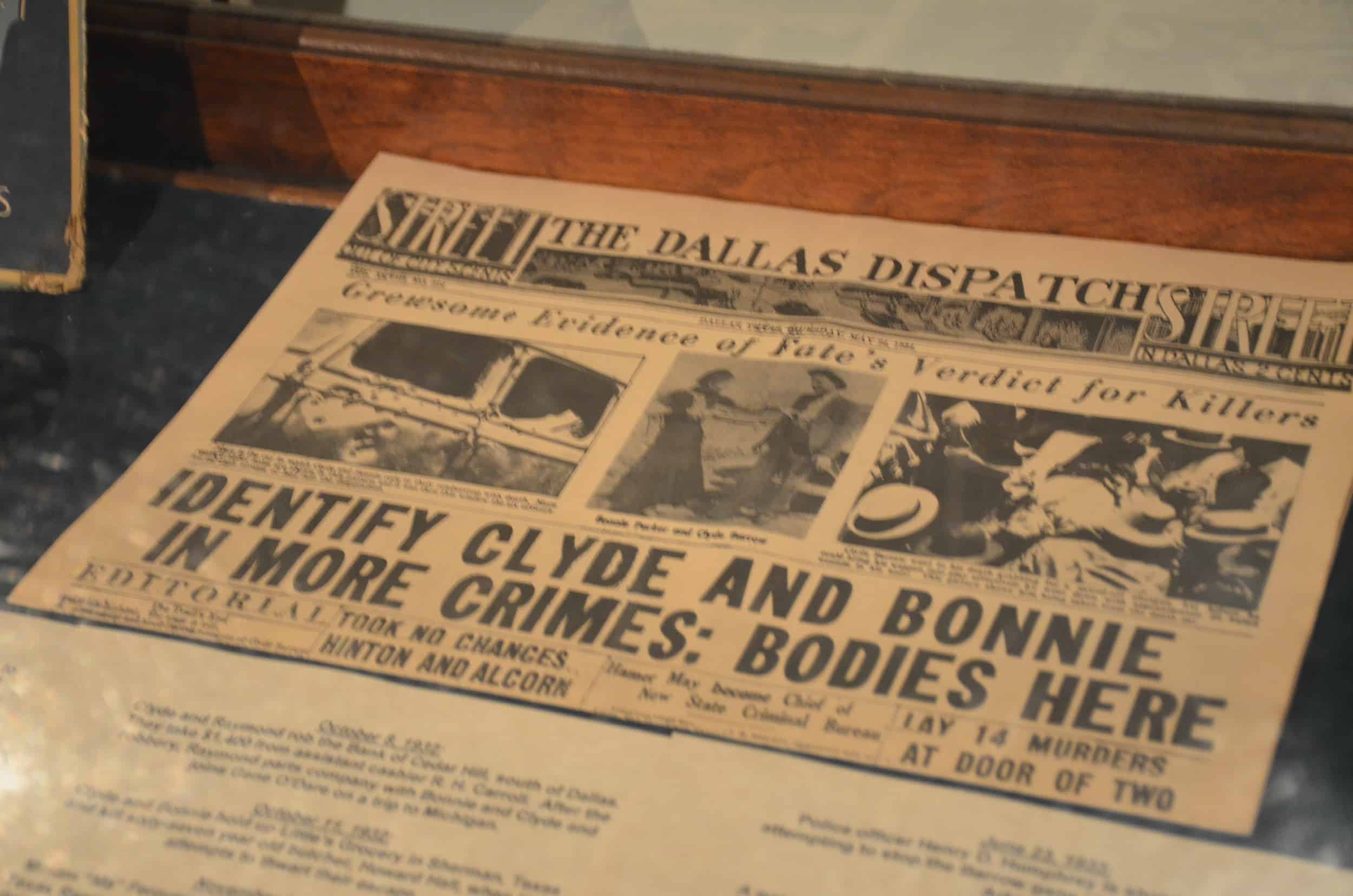 Newspaper article about Bonnie and Clyde at the Texas Ranger Museum in San Antonio, Texas
