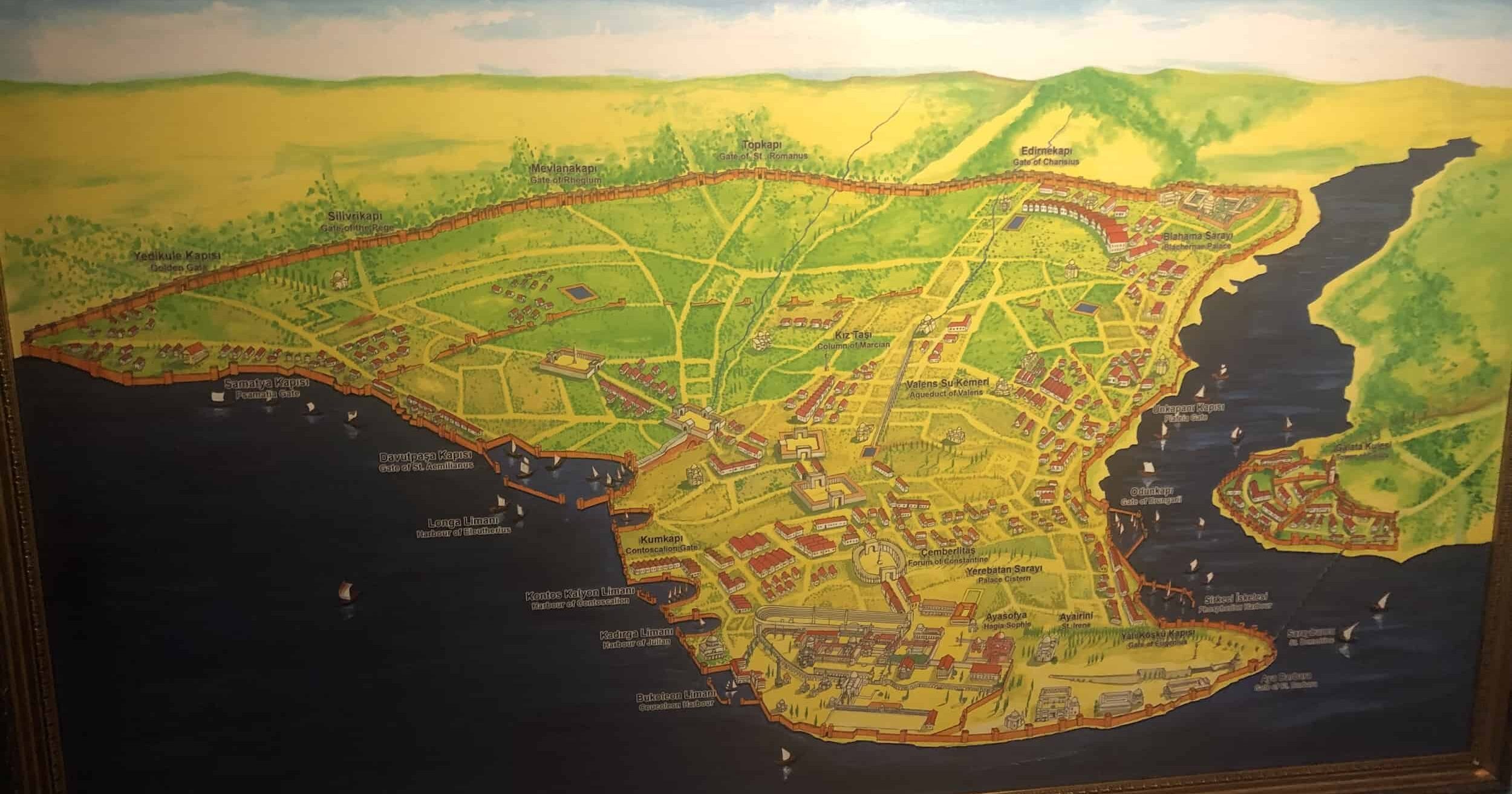 Map of Byzantine Constantinople in the Conquest of Istanbul Hall at the Harbiye Military Museum in Istanbul, Turkey