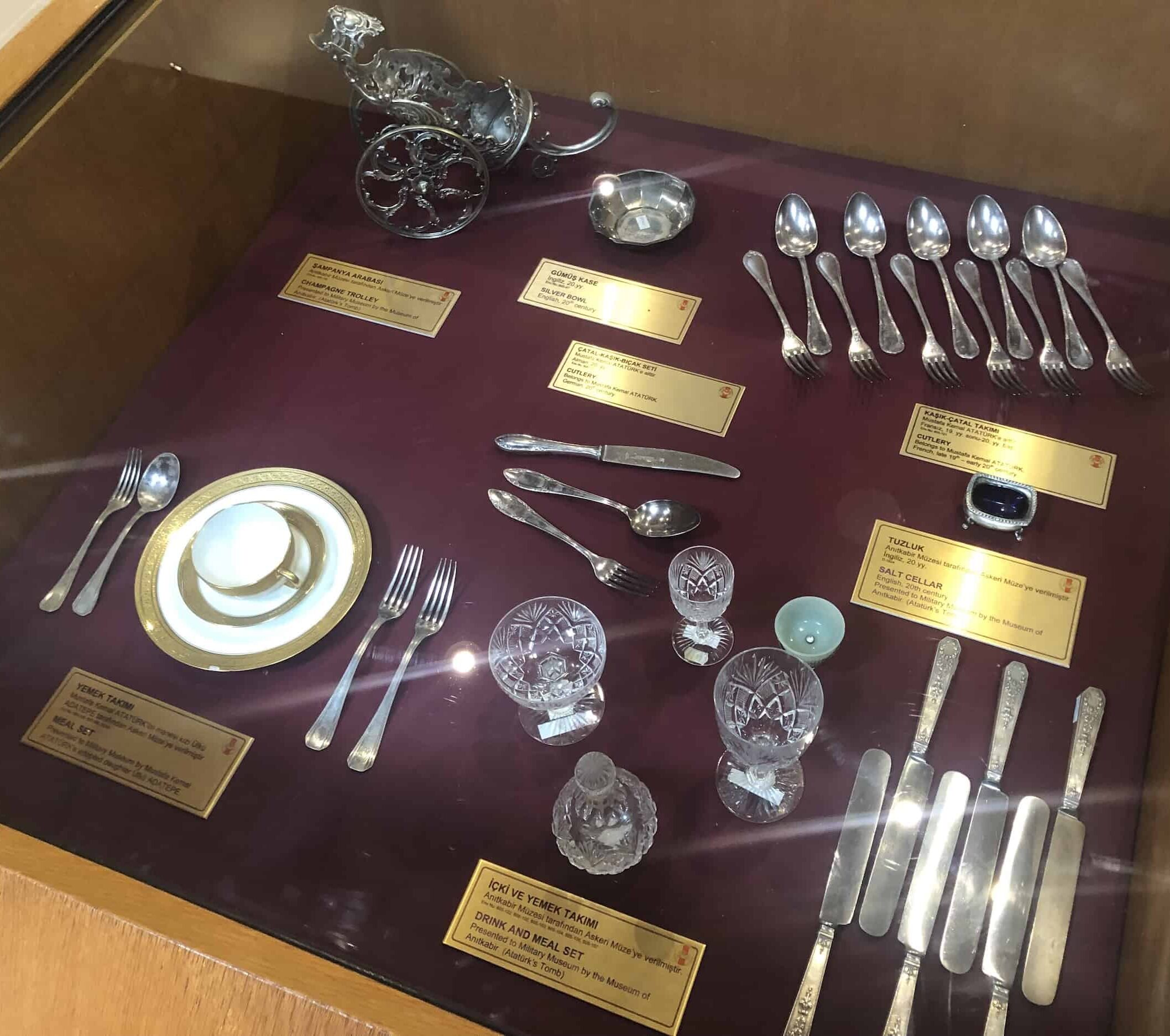 Cutlery and meal sets in the Atatürk Hall at the Harbiye Military Museum in Istanbul, Turkey