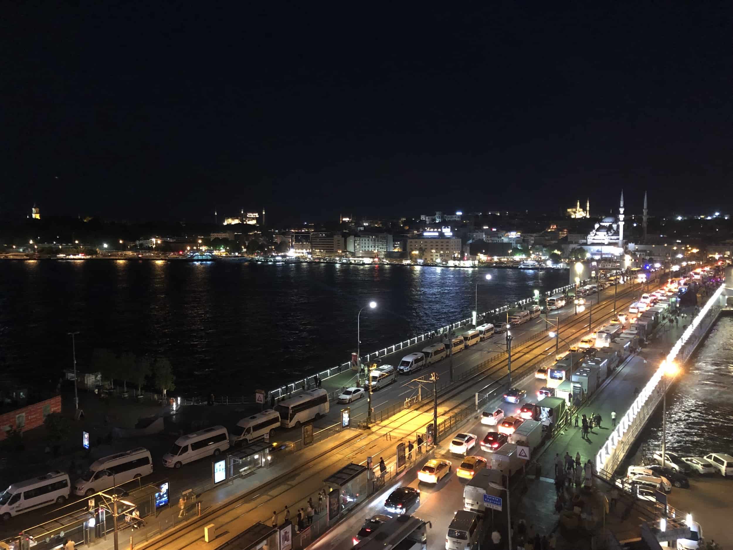 View from the rooftop terrace at night at the Nordstern Hotel in Istanbul, Turkey
