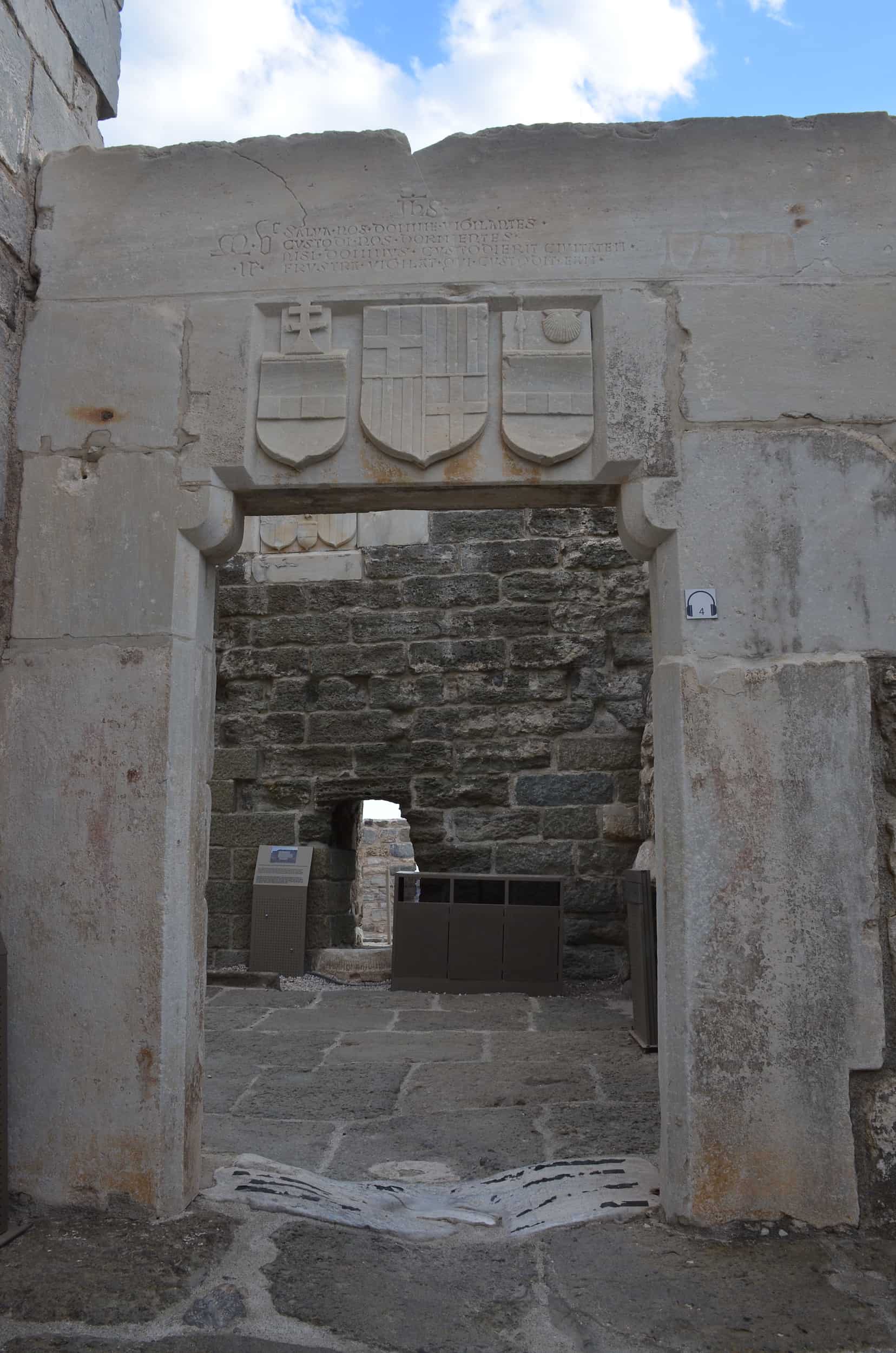 Doorway with coats of arms above at Bodrum Castle in Turkey