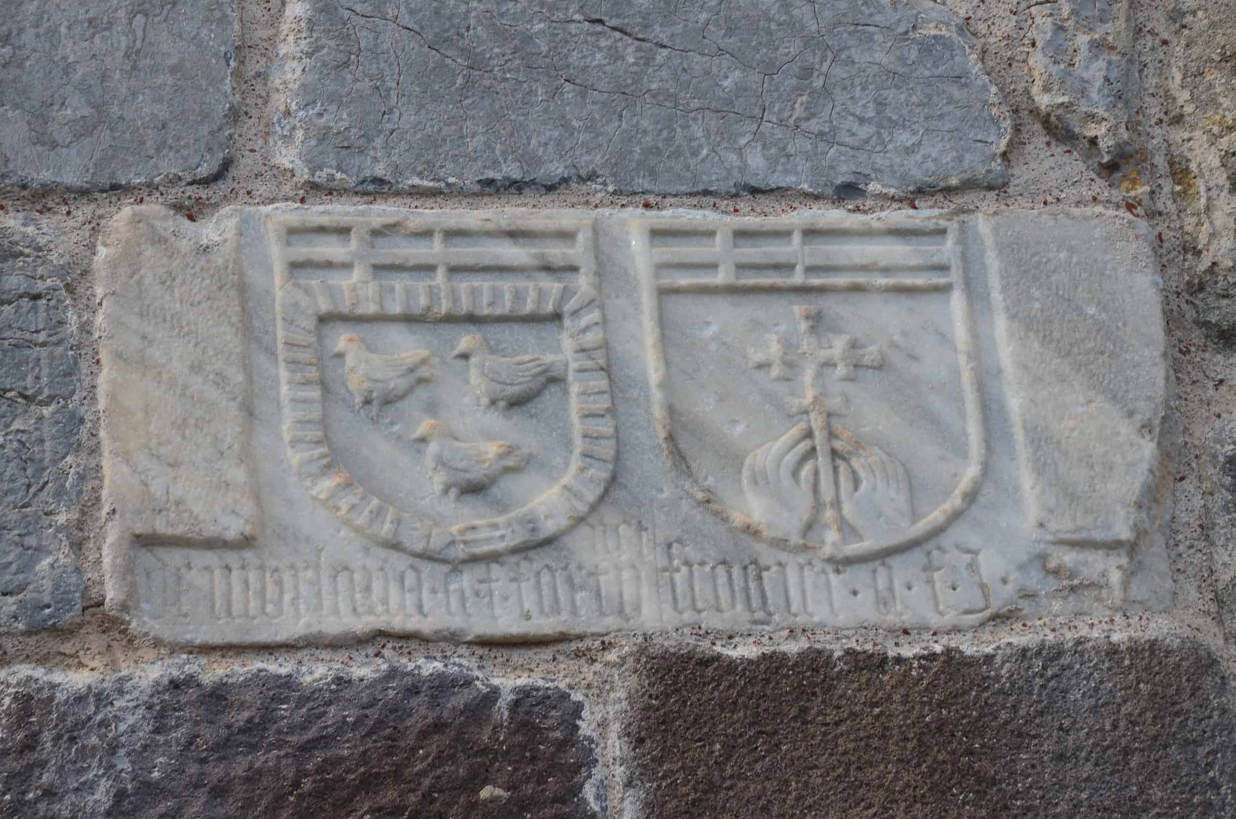 Coats of arms of an unidentified knight (left) and Philippe Villiers de L'Isle-Adam (right) at Bodrum Castle in Turkey