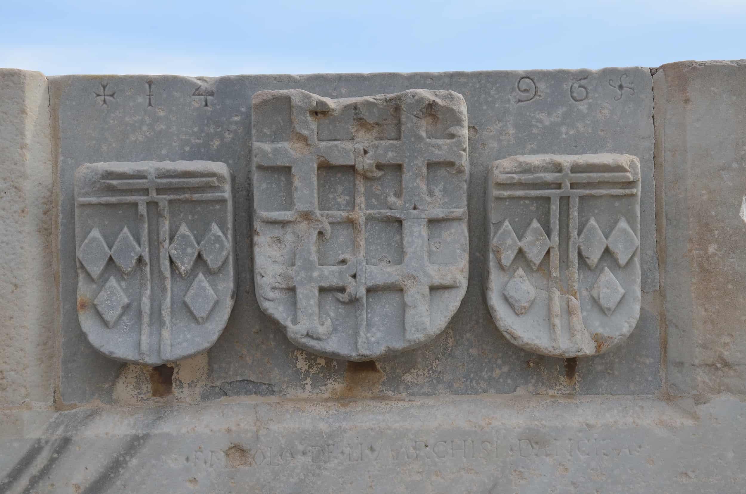 Coats of arms of Nicola da Incisa (left and right) and Pierre d'Aubusson (center) at Bodrum Castle in Turkey