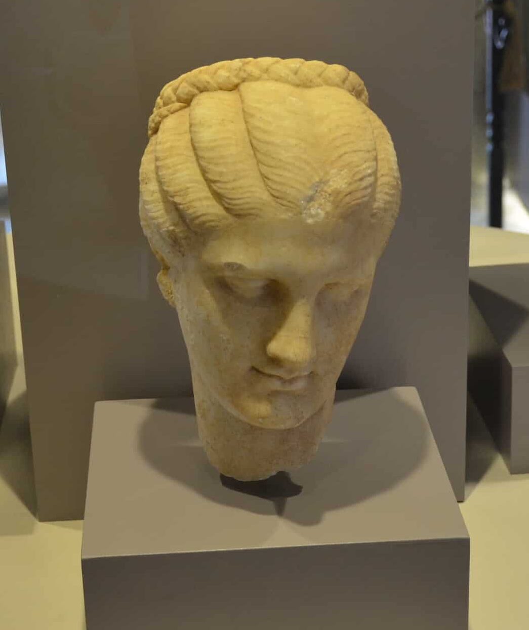 Woman's head, marble, Hellenistic period in the Knidos Hall at the Marmaris Museum