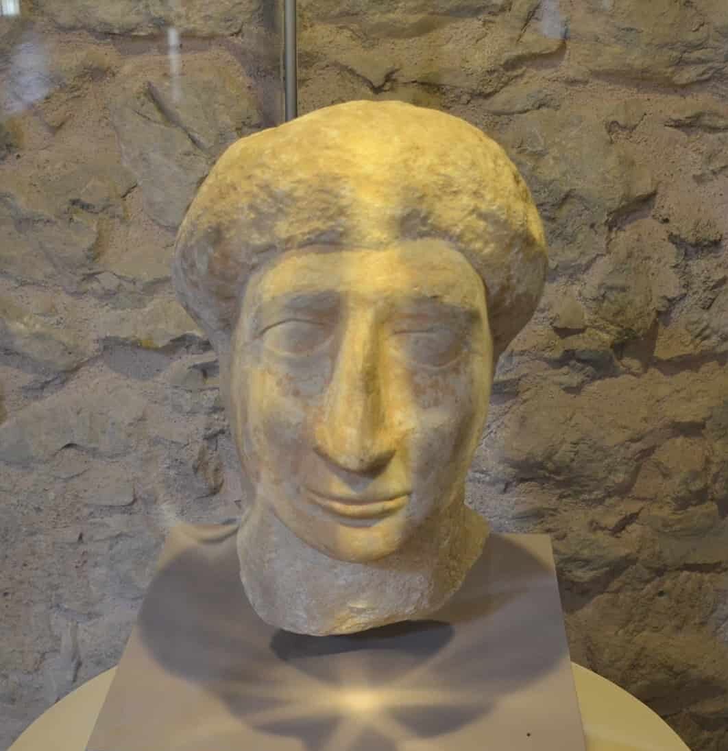 Head of a male statue; marble; Roman period in the Hall of Stone Artifacts at the Marmaris Museum