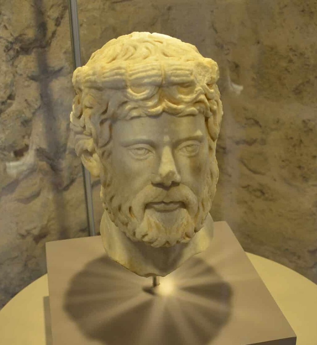 Head of a male statue; marble; Roman period in the Hall of Stone Artifacts at the Marmaris Museum