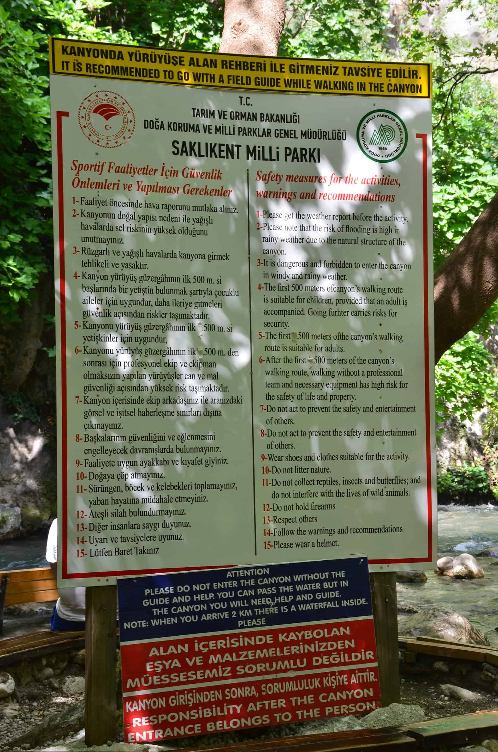 Safety rules at Saklıkent Gorge