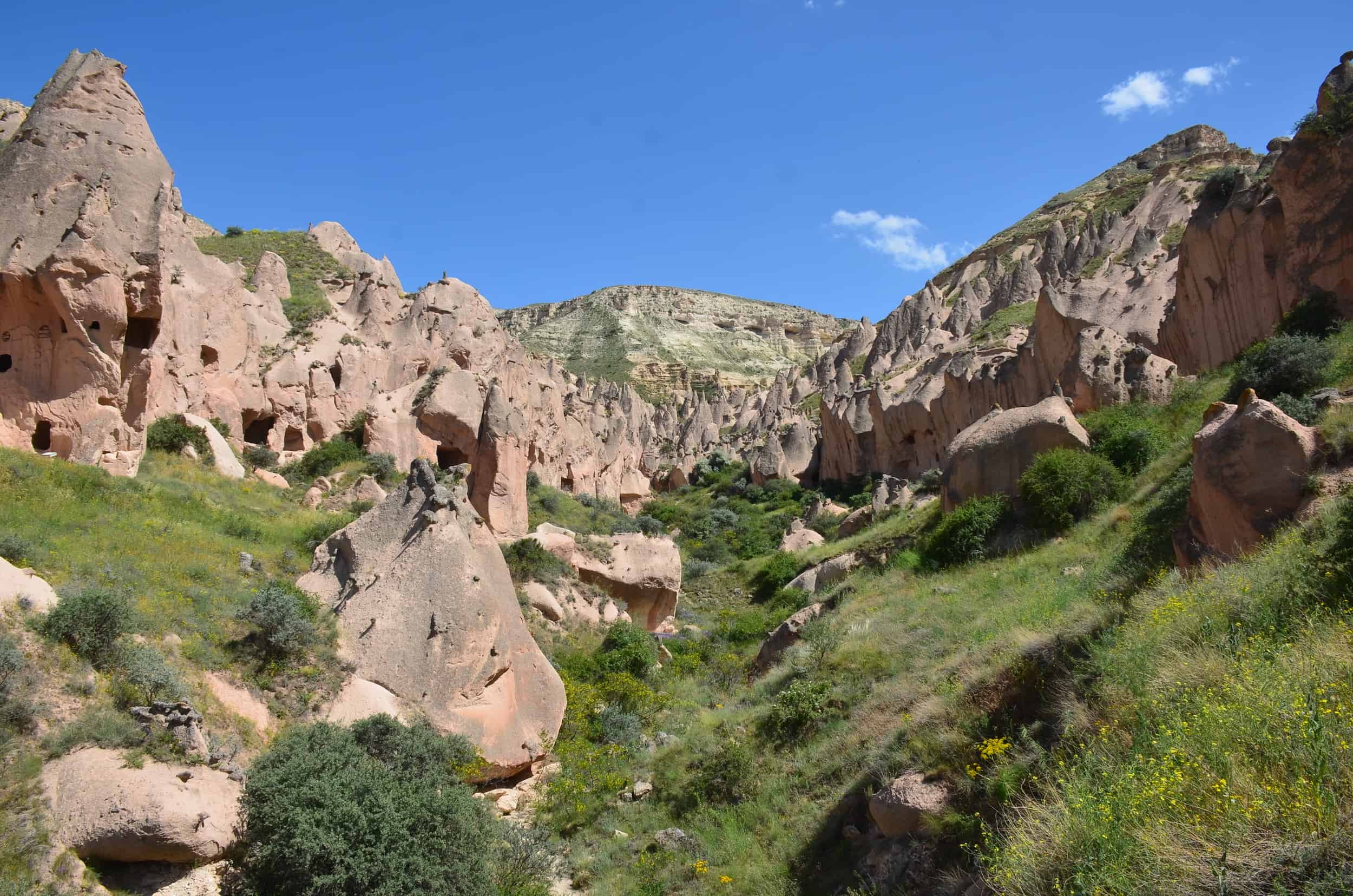 Looking towards the end of the second valley at Zelve Open Air Museum in Cappadocia, Turkey