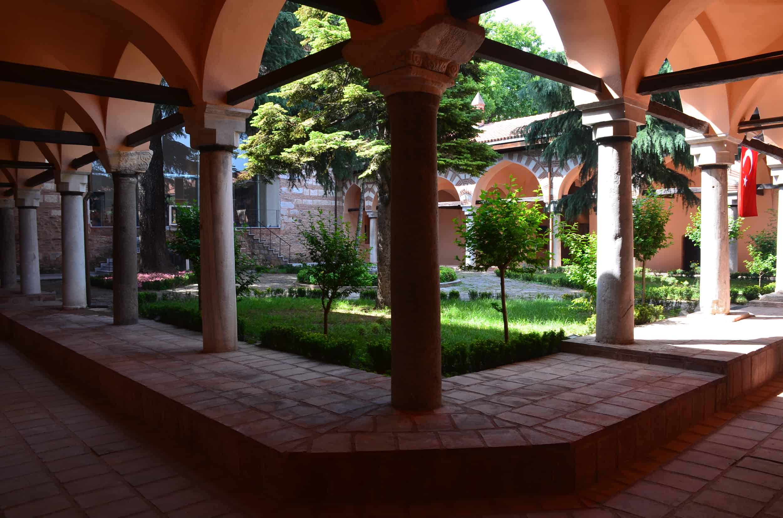 Under the portico in the courtyard of the Green Madrasa at the Bursa Museum of Turkish and Islamic Arts in Bursa, Turkey