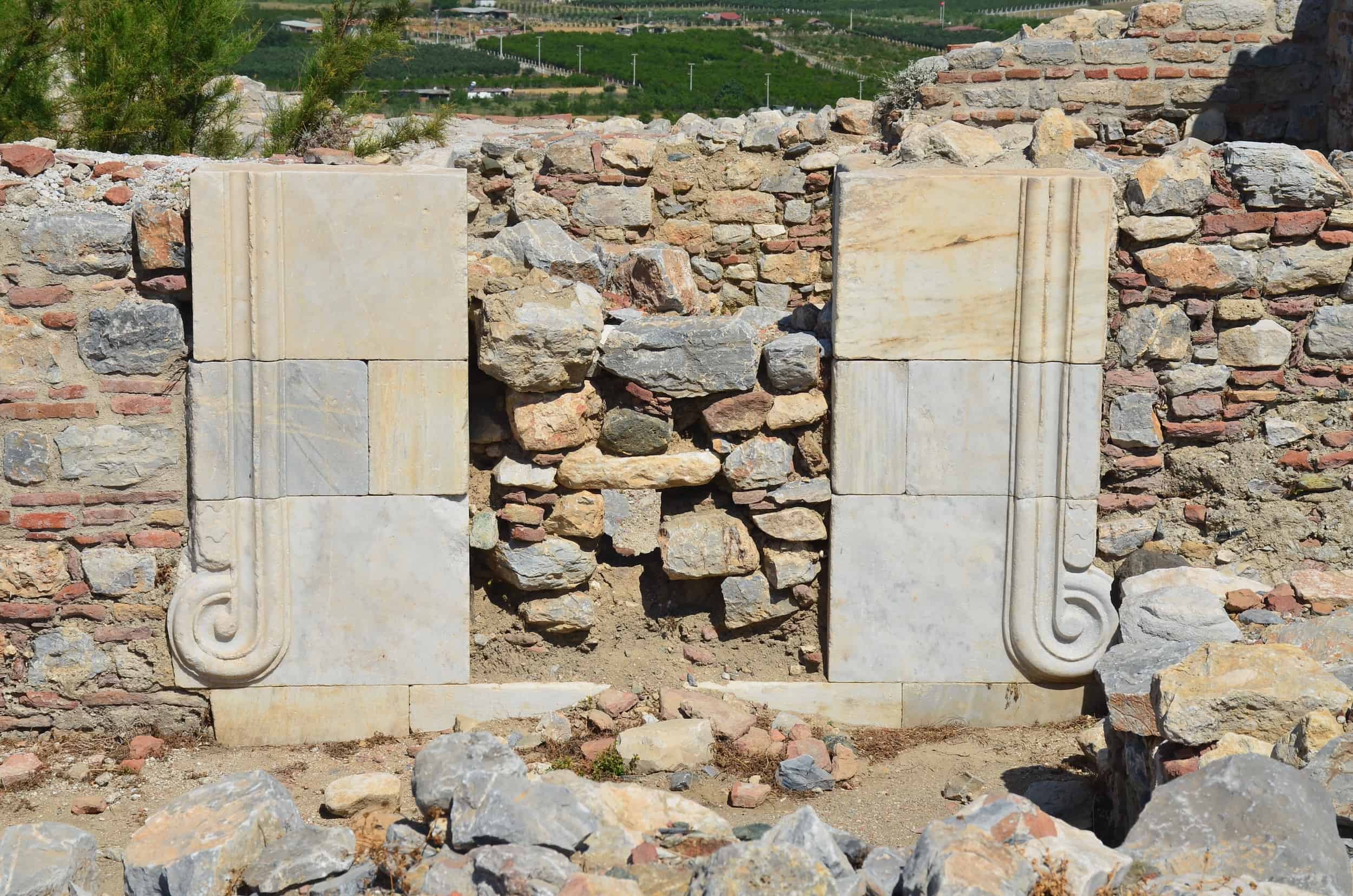 Marble fragments at the villa and bath at Ayasuluk Castle in Selçuk, Turkey