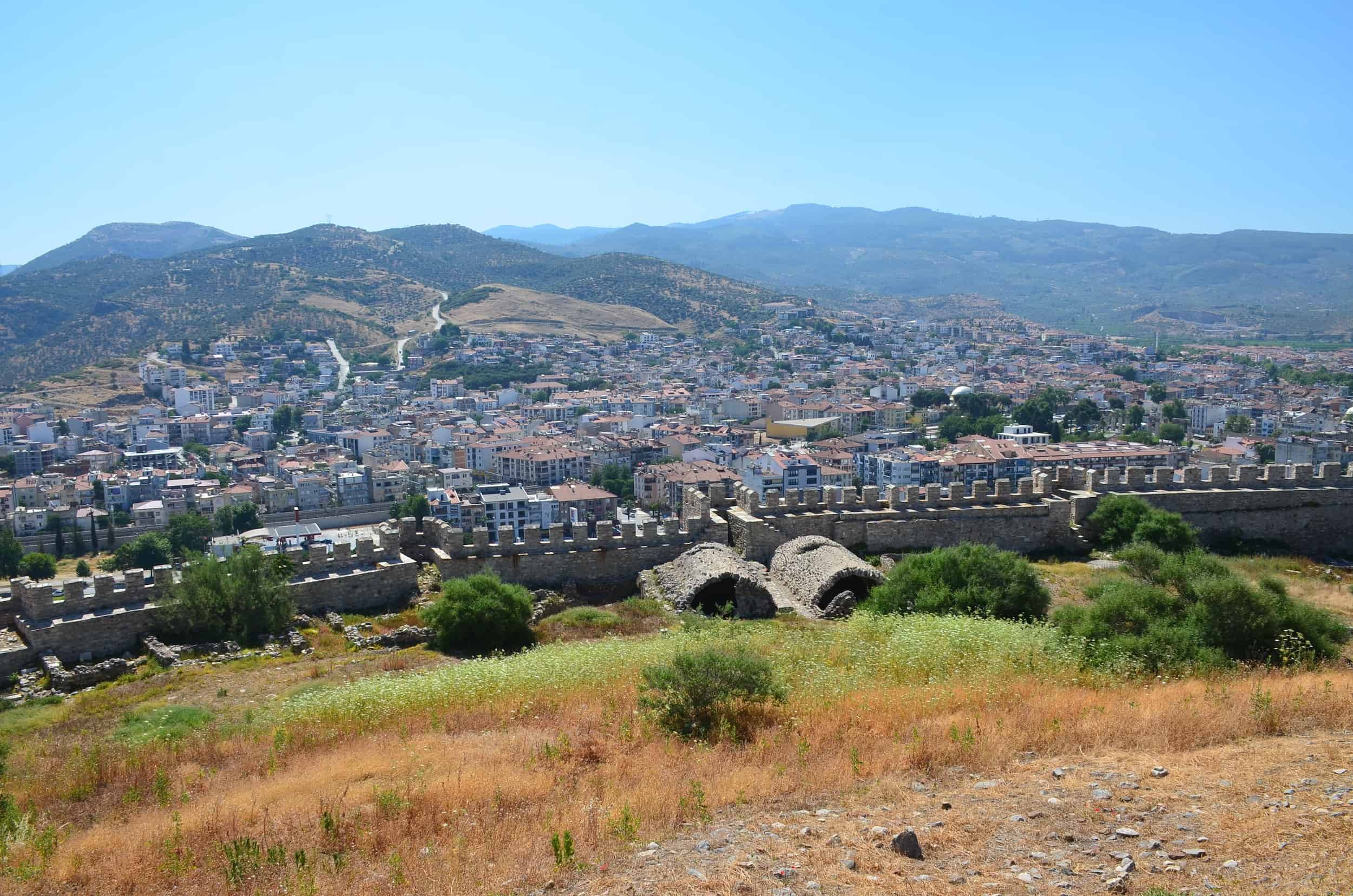 View of Selçuk and Turkish period cisterns near the east gate at Ayasuluk Castle in Selçuk, Turkey