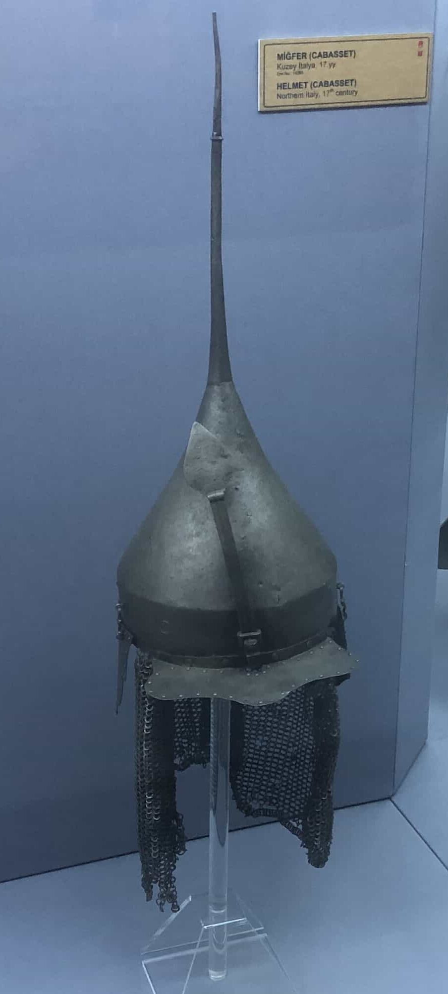 Russian helmet (17th century) in Defence Weapons Hall 1 at the Harbiye Military Museum in Istanbul, Turkey