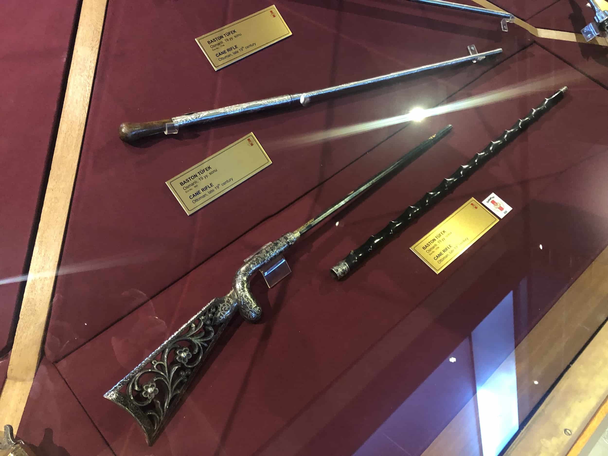 Ottoman cane rifles (19th century) in Firearms Hall 2 at the Harbiye Military Museum in Istanbul, Turkey