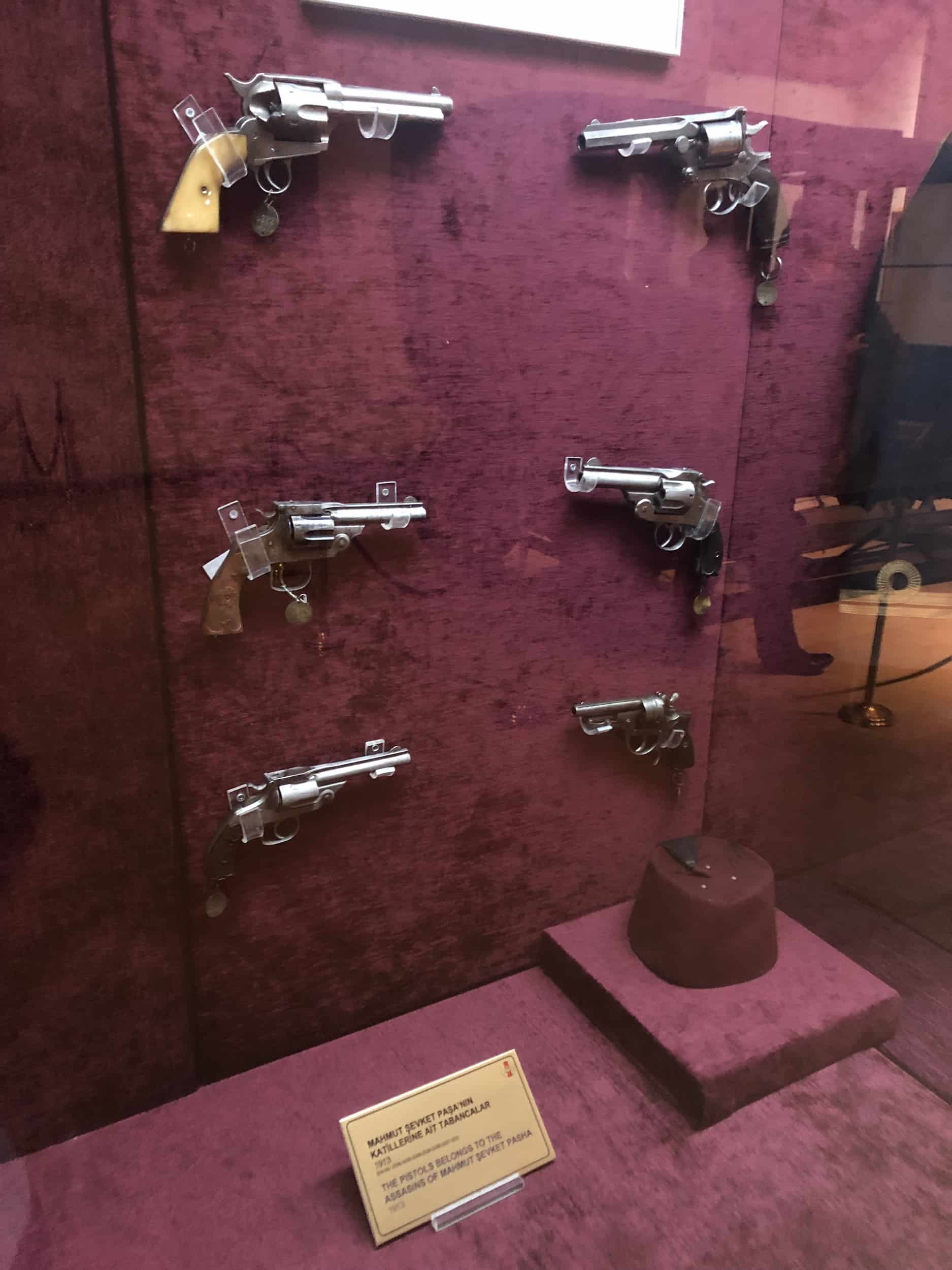 Pistols belonging to the assassins of Mahmud Şevket Pasha in the Mahmud Şevket Pasha Hall at the Harbiye Military Museum in Istanbul, Turkey
