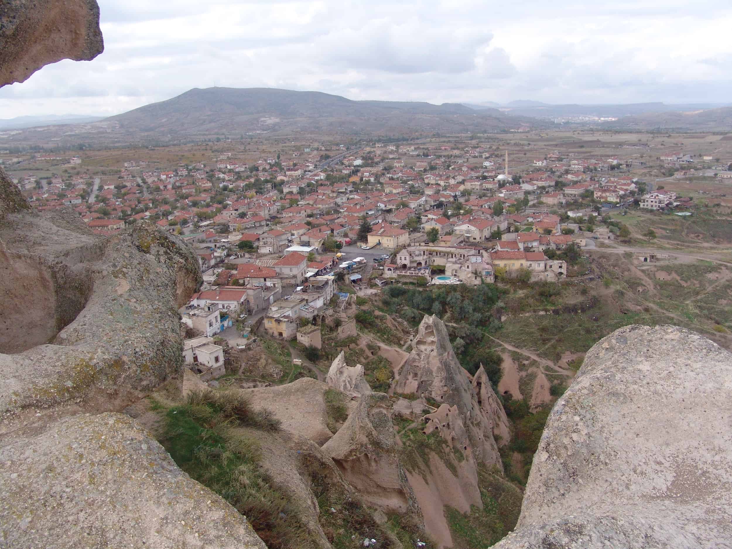 View of the town of Üçhisar at Üçhisar Castle in Cappadocia, Turkey