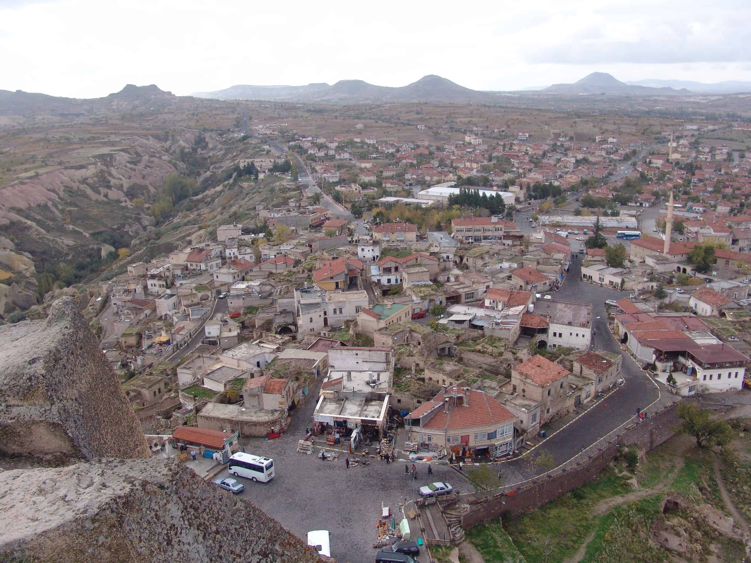 View of the town of Üçhisar at Üçhisar Castle in Cappadocia, Turkey