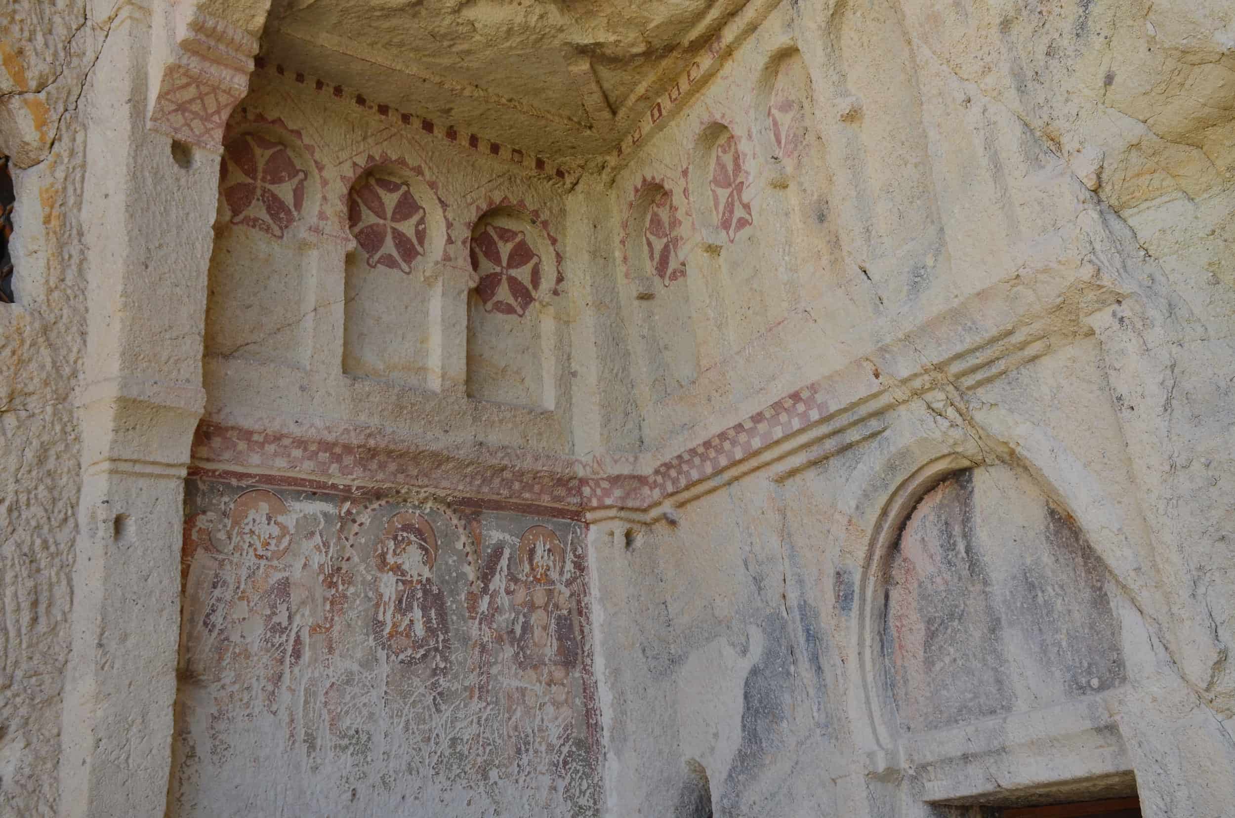 East wall of the courtyard of the Dark Church at Göreme Open Air Museum in Cappadocia, Turkey