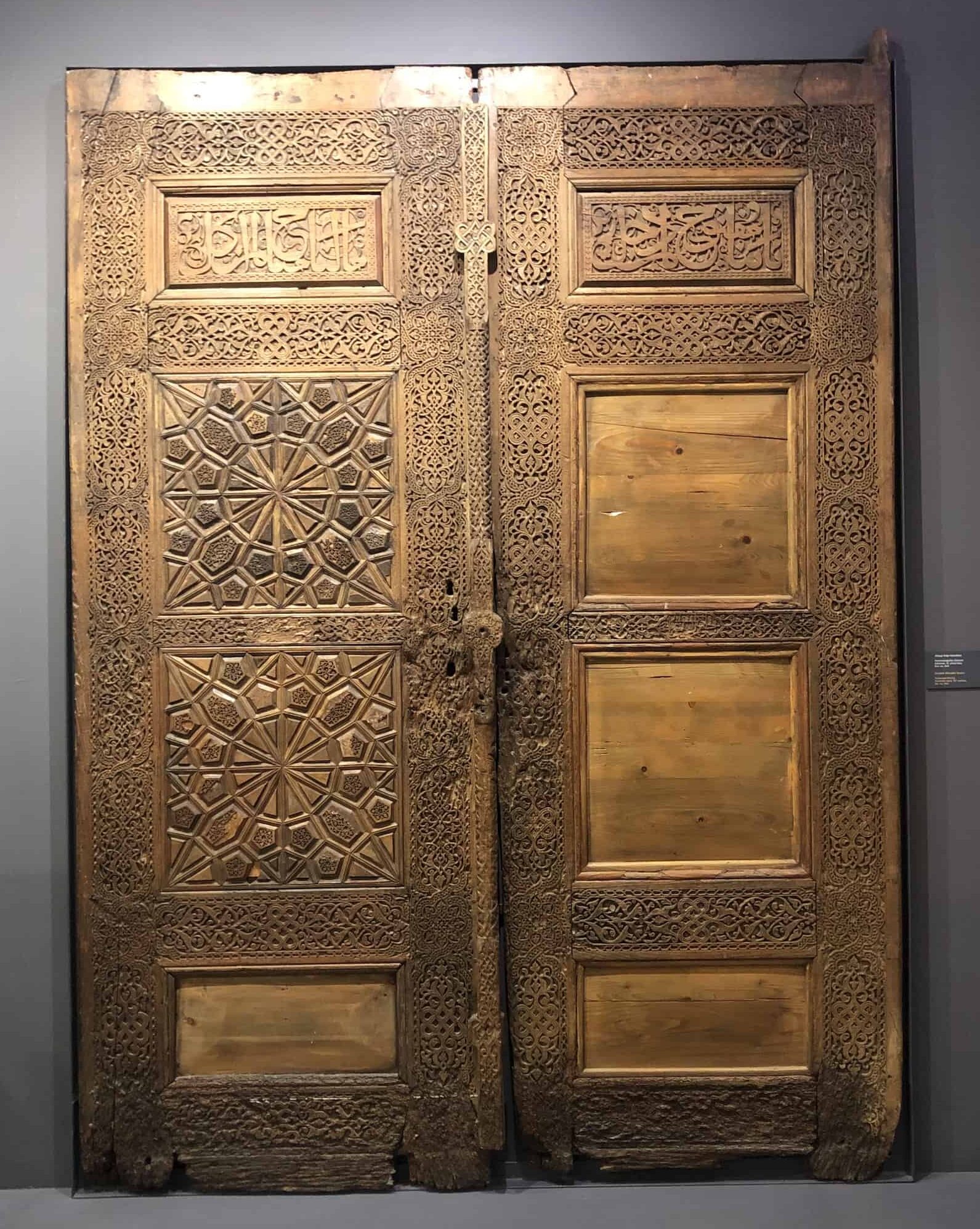 Early 15th century wooden doors from the Karamanid period in Principalities and Early Ottoman Empire at the Museum of Turkish and Islamic Arts in Istanbul, Turkey