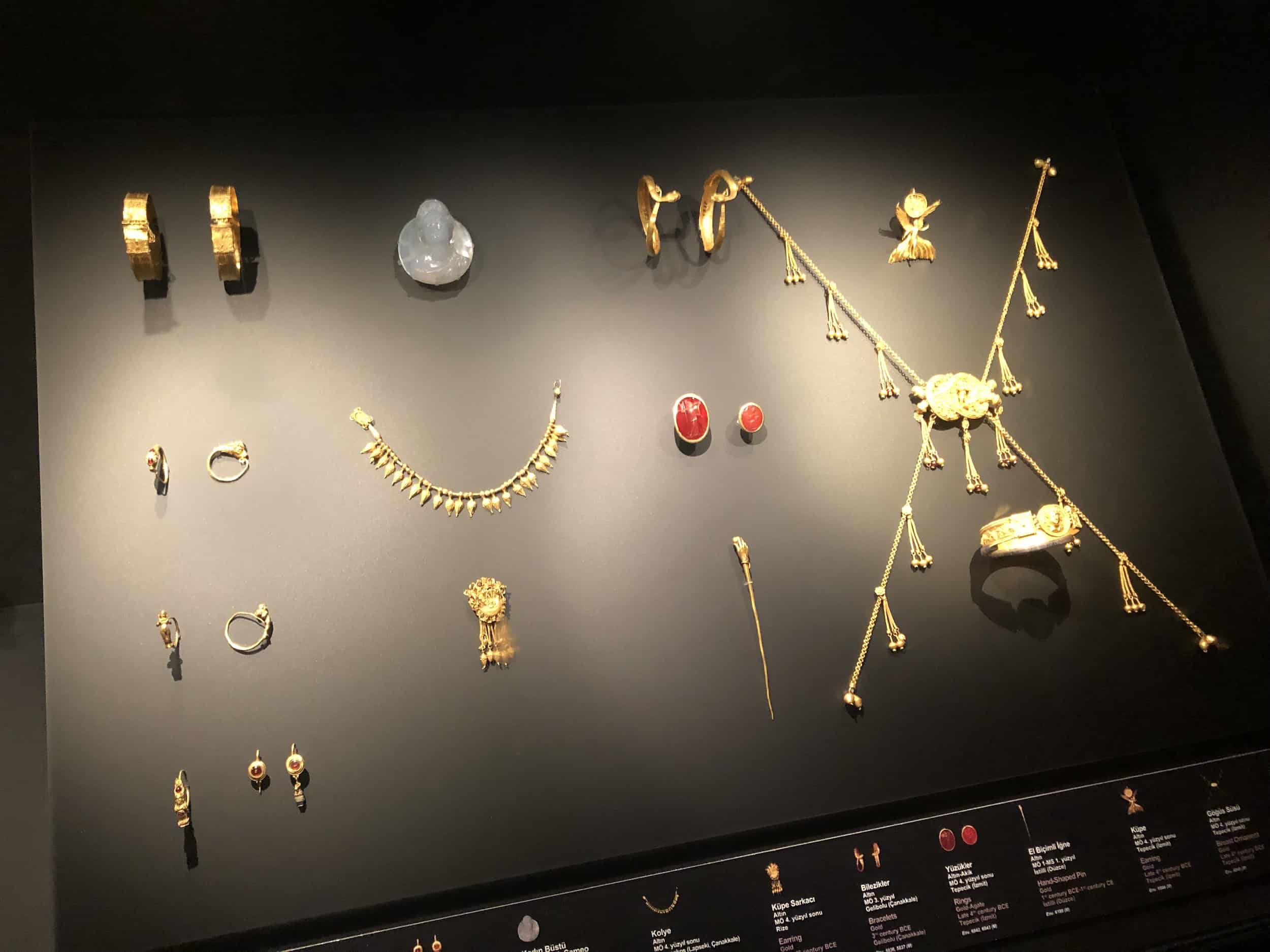 Jewelry from various ancient cities at the Istanbul Archaeology Museum in Istanbul, Turkey